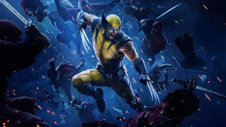 Digital illustration of Marvel's Wolverine mid-combat, leaping dynamically through the air while surrounded by multiple Hand ninjas in a chaotic, dark blue-toned environment. Wolverine is positioned centrally, wearing his iconic yellow and blue superhero suit with his signature black-finned mask. His face is locked in a fierce, screaming battle roar, and his sharp, metallic adamantium claws are fully extended from both hands. Ninjas clad in dark red and black garments surround him, some falling backward through shattered glass fragments while others wield katanas in the background. The scene is filled with intense action, highlighted by flying debris, glowing orange sparks, and dramatic, high-contrast lighting that accentuates the muscular physique of Marvel's Wolverine.