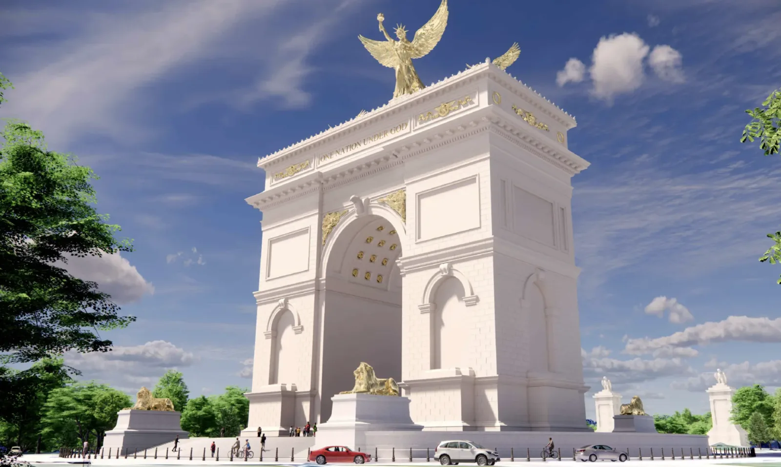 The image displays an official architectural rendering of the United States Triumphal Arch, a massive 250-foot monument proposed by Donald Trump to commemorate the 250th anniversary of American independence. Designed by Harrison Design, the neoclassical structure is planned to sit at Memorial Circle on Columbia Island, situated along the monumental corridor between the Lincoln Memorial and Arlington National Cemetery. The controversial design features intricate gilt details, including four sculpted lions flanking the lower tiers, a prominent gilded inscription reading "One Nation Under God," and a towering 60-foot winged figure resembling Lady Liberty holding a torch aloft at its peak. Critics and federal agencies like the National Park Service have raised serious concerns about the project, warning that its immense height would dwarf neighboring historic landmarks and severely disrupt the capital's historic skyline.