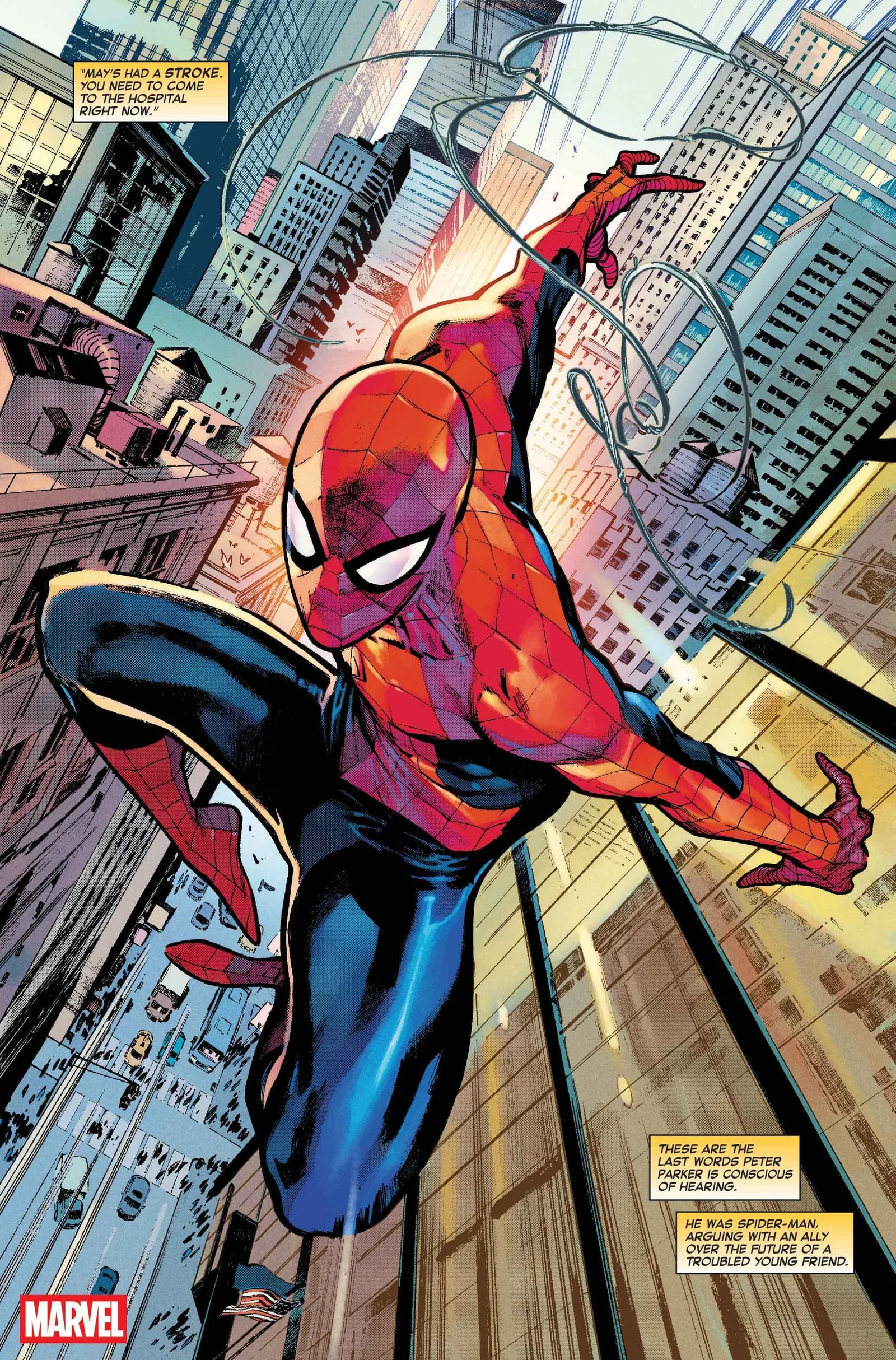 A comic book preview cover featuring Spider-Man swinging dynamically downward between skyscrapers in a bustling city. He is captured mid-air, wearing his classic red and blue suit, with one arm extended forward and the other releasing web lines into the sky. The perspective looks straight down to the city streets below, filled with cars and traffic. Text overlays on the page include a caption box in the upper left that reads, "May's had a stroke. You need to come to the hospital right now," alongside the title "The Amazing Spider-Man #1000 Preview." Additional yellow caption boxes in the bottom right corner provide narrative context, while the bottom left lists the creative team credits.