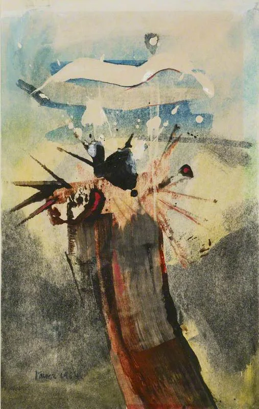 Waiting for the Cloud (1964) by Ahmed Parvez, an expressive abstract mixed media painting depicting an organic explosion beneath a stylized white cloud form. An abstract painting by Pakistani modernist artist Ahmed Parvez, rendered in mixed media on paper, titled Waiting for the Cloud (1964). The composition features a bold, vertical, trunk-like form in deep brown and ochre rising from a dark, textured base. At its peak, a chaotic explosion of spiky black shapes, splatters, and dynamic red accents radiates outward, suggesting an eruptive or organic bursting point. Suspended above this dramatic focal point is a stylized, undulating white form resembling a cloud or a pair of lips, set against a rectangular backdrop of cerulean blue wash. The surrounding background transitions into muted washes of gray, pale yellow, and soft green, blending fluidly with energetic white paint splatters and fine ink linework. Parvez's distinctive signature and the date '1964' are visible in the lower-left corner, anchoring the artwork's expressive spontaneity and mid-century avant-garde aesthetic.