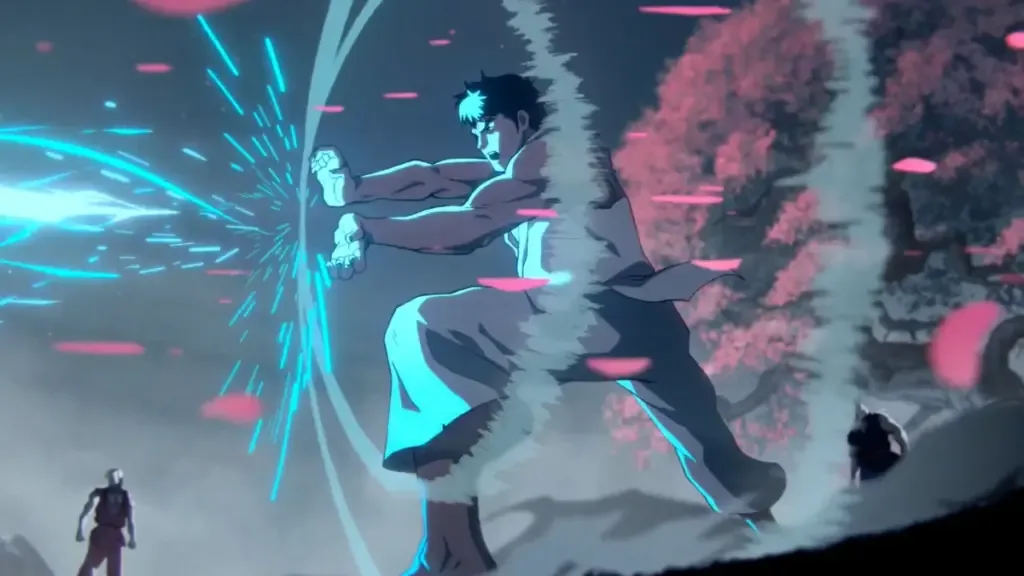 An intense, close-up shot captures the furious visage of the demon martial artist Akuma from a hand-drawn 2D animated flashback sequence in the upcoming Street Fighter (2026) film. His face dominates the right side of the frame, showing a tightly gritted jaw, bared teeth, and prominent facial wrinkles that emphasize his sheer rage. His eyes burn a fierce, glowing solid red, lacking pupils and channeling his mastery of the dark Satsui no Hado energy. He features dark, spiky hair and a thick beard surrounding his mouth. The entire background on the left is engulfed in a chaotic, fiery red and black aura with swirling energy tendrils, underscoring the destructive and ominous atmosphere that follows his presence.