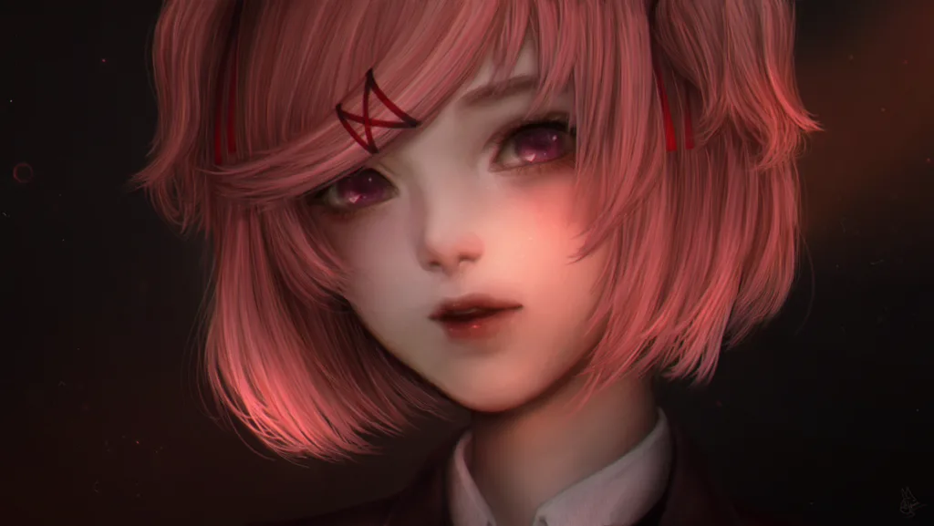 In this breathtakingly realistic interpretation of Doki Doki Literature Club! (en.wikipedia.org), the four club members are stripped of their traditional, flat anime aesthetic and reimagined with lifelike human features, casting an eerie, uncanny valley atmosphere over the scene. Monika sits front and center at a polished wooden desk, her signature coral-pink ponytail catching real-world sunlight, while her piercing emerald eyes look directly out of the frame with chilling, conscious intent. To her side, Sayori’s soft, flesh-toned features are highlighted by a subtle, melancholic shadow, her expression a fragile mask of forced cheerfulness that hints at her inner turmoil. In the background, the sharp contrast between Yuri and Natsuki is emphasized through tangible textures: Yuri’s deep violet hair falls in heavy, sleek silk strands over her shoulders as she anxiously clutches a book, while Natsuki’s pastel pink pigtails are rendered with individual, flyaway strands, her fierce pout given realism through natural lip textures and a slightly defensive posture. The classroom itself abandons bright, saturated game hues for muted, atmospheric lighting, where dust motes dance in the sunbeams, shifting the visual tone from a generic visual novel to a deeply atmospheric, psychological psychological horror.