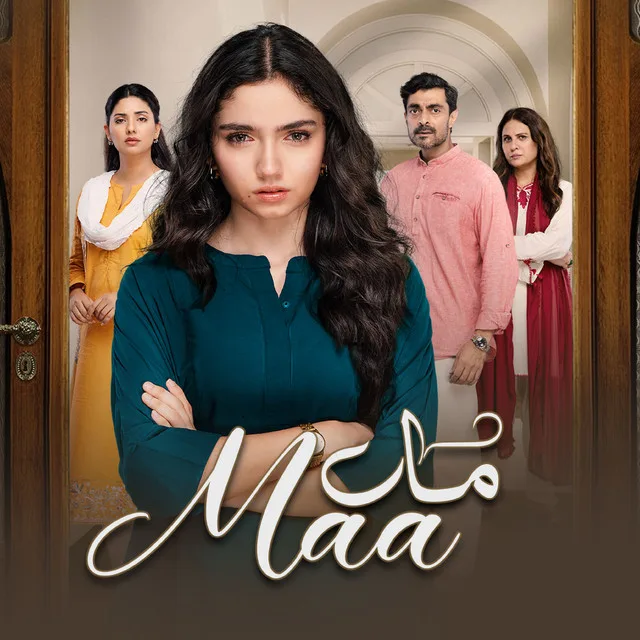 A promotional poster for a television drama titled "Maa" features a young woman with long, dark, wavy hair positioned centrally in the foreground, looking forward with a serious, intense expression while crossing her arms. She wears a dark teal or emerald green long-sleeved shirt. Behind her stand three other individuals looking onward with concerned expressions: a woman in a yellow outfit with a white scarf on the left, a man in a light pink button-down shirt in the center-right, and another woman in a maroon outfit on the far right. They appear to be standing in an indoor arched hallway or doorway. The text "Maa" is written prominently at the bottom in an elegant white cursive script layered over Arabic calligraphy.