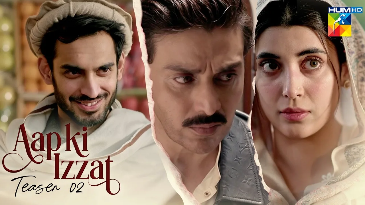 A promotional poster for a television series titled "Aapki Izzat Teaser 02," divided into three vertical, torn-edged panels featuring different actors. The leftmost panel shows a smiling man with a beard wearing a traditional beige Pakol hat and a matching shawl. The center panel captures a close-up of a serious-looking man with a mustache, looking downward with a focused expression. The rightmost panel features a young woman with dark hair and bright eyes, wearing a traditional light-colored dupatta over her head, looking directly forward with a wide, intense gaze. The background is softly blurred, and the logo for "HUM HD" is visible in the top right corner of the image.
