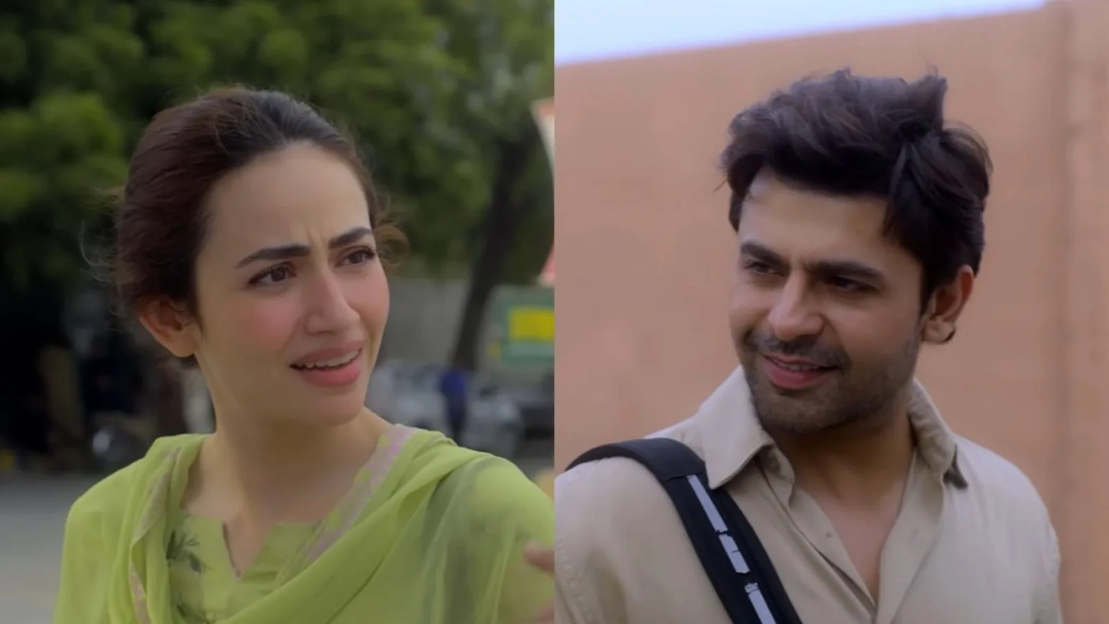 This image features actors Sana Javed and Farhan Saeed in a scene from the hit Pakistani drama serial Bas Tera Saath Ho.Detailed BreakdownLeft Panel: Sana Javed delivers an emotionally charged performance, capturing her character's distress and concern with an expressive, worried look. She is dressed in a light green traditional outfit with subtle patterns and a matching dupatta draped around her neck. Her hair is tied back in a neat, relaxed updo, emphasizing her intense facial features during this poignant conversation.Right Panel: Farhan Saeed maintains a calm and gently smiling demeanor, providing a striking contrast to his co-star's visible anxiety. He wears a simple, light beige button-down shirt with a dark strap slung over his shoulder, suggesting his character might be on the move or arriving from somewhere. His look is casual yet focused, portraying an underlying warmth as he interacts with her character.