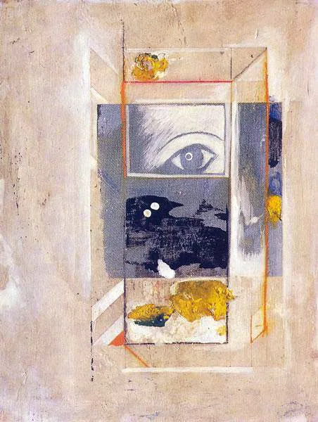 An abstract painting composed of a vertical, rectangular glass-box structure drawn with thin red and orange linear perspectives over a heavily textured, muted beige and off-white background. The central rectangular frame contains a stack of three distinct visual segments: the top panel showcases a stylized, closely cropped monochromatic human eye gazing directly forward; the middle panel features a dark, heavily painted organic form accented with two white dots resembling small eyes; and the bottom panel contains rough patches of textured gold paint overlaying a pale surface. The entire composition balances modern geometric grids and transparent spatial dimensions with traditional South Asian miniature painting sensibilities, establishing a deep dialogue between structural logic and loose, tactile abstraction.
