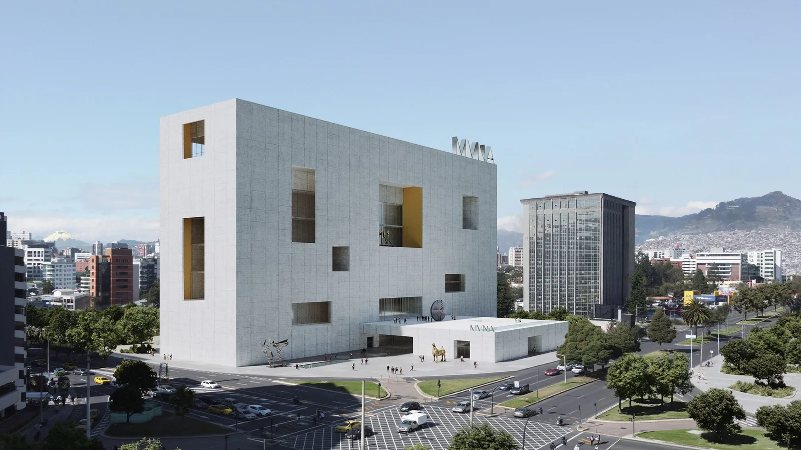 An aerial, wide-angle architectural rendering showcasing a large, modern, monolithic white concrete building designed for the National Museum of Ecuador (MuNa). The structure is shaped like an imposing rectangular block with a smooth, stark concrete facade punctuated by scattered, deep-set square and rectangular window cutouts. One large central opening reveals a vibrant golden-yellow interior niche. On top of the building, the acronym "MUNA" is spelled out in large dimensional lettering.The museum rests on an open plaza where small figures of people walk past outdoor sculptures, including a golden statue of a horse near the entrance. The building sits at a major urban intersection where cars and buses pass on a multi-lane roadway marked with white crosswalks and traffic lines. Green trees flank the streets and surround the plaza. In the mid-ground, a dark, vertical modernist skyscraper stands prominently against a blue sky with light clouds. In the far background, rolling mountains rise behind the sprawling city skyline of Quito.