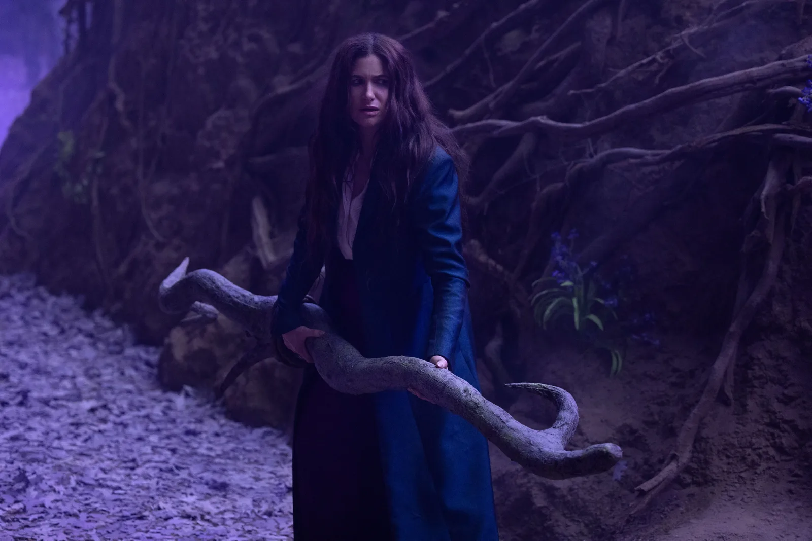 Agatha Harkness stands amidst a shadowy, root-tangled landscape, her expression a mix of trepidation and resolve as she firmly grasps a large, gnarled, horn-like branch. Draped in a long, dark blue coat over black attire, her dark, wavy hair falls around her shoulders while she peers cautiously into the dim, purple-hued surroundings. The eerie forest floor is littered with debris, and twisted roots rise sharply behind her, creating an atmosphere of ancient mystery and impending danger along the Witches' Road.