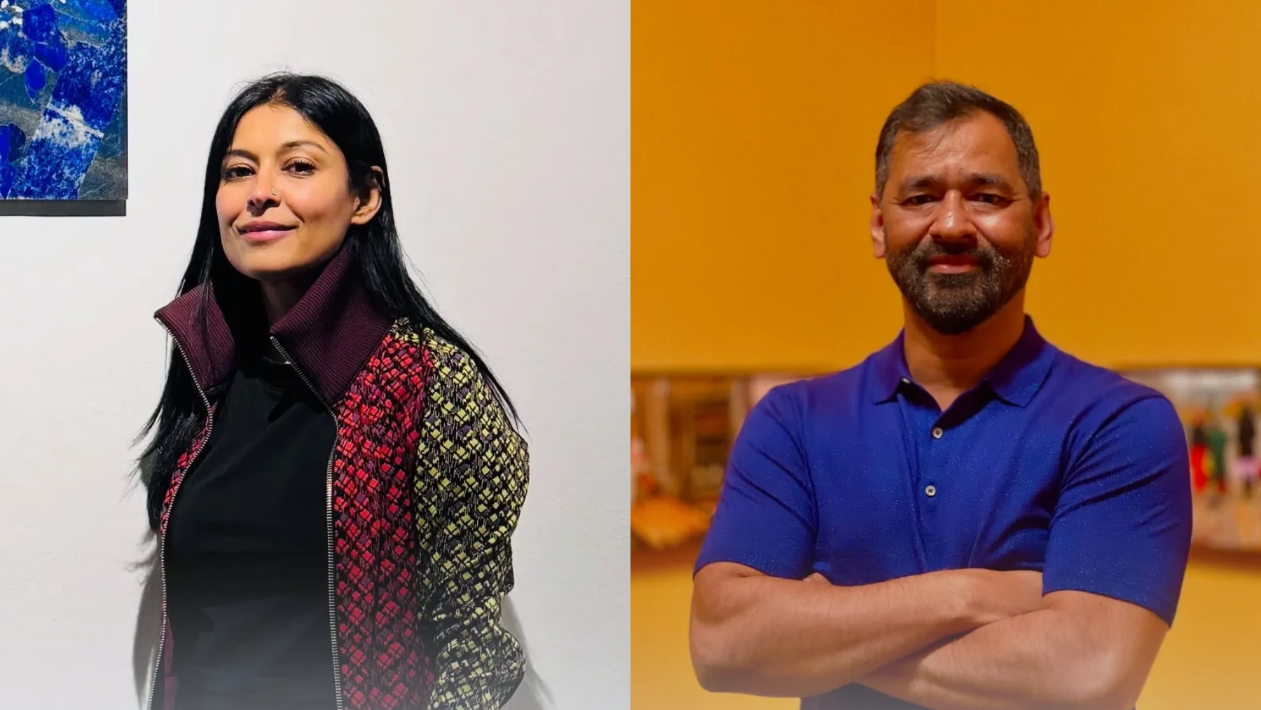 A composite photo captures two prominent contemporary Pakistani artists, Hamra Abbas and Imran Qureshi, side-by-side against different artistic backdrops. On the left, Hamra Abbas stands confidently against a clean white gallery wall, looking slightly towards the camera with a subtle, composed expression. She has long, dark hair parted down the middle and wears a high-collared black top paired with a striking jacket featuring patterned sleeves in red, black, and yellow geometric designs. A small portion of a vibrant blue artwork is visible on the wall behind her upper left shoulder. On the right, Imran Qureshi stands with his arms crossed over his chest, offering a calm and pleasant smile. He has short, salt-and-pepper hair and a neatly trimmed beard. He wears a simple, classic blue polo shirt and is framed against a warm, solid ochre-yellow wall that indicates a gallery or museum setting.