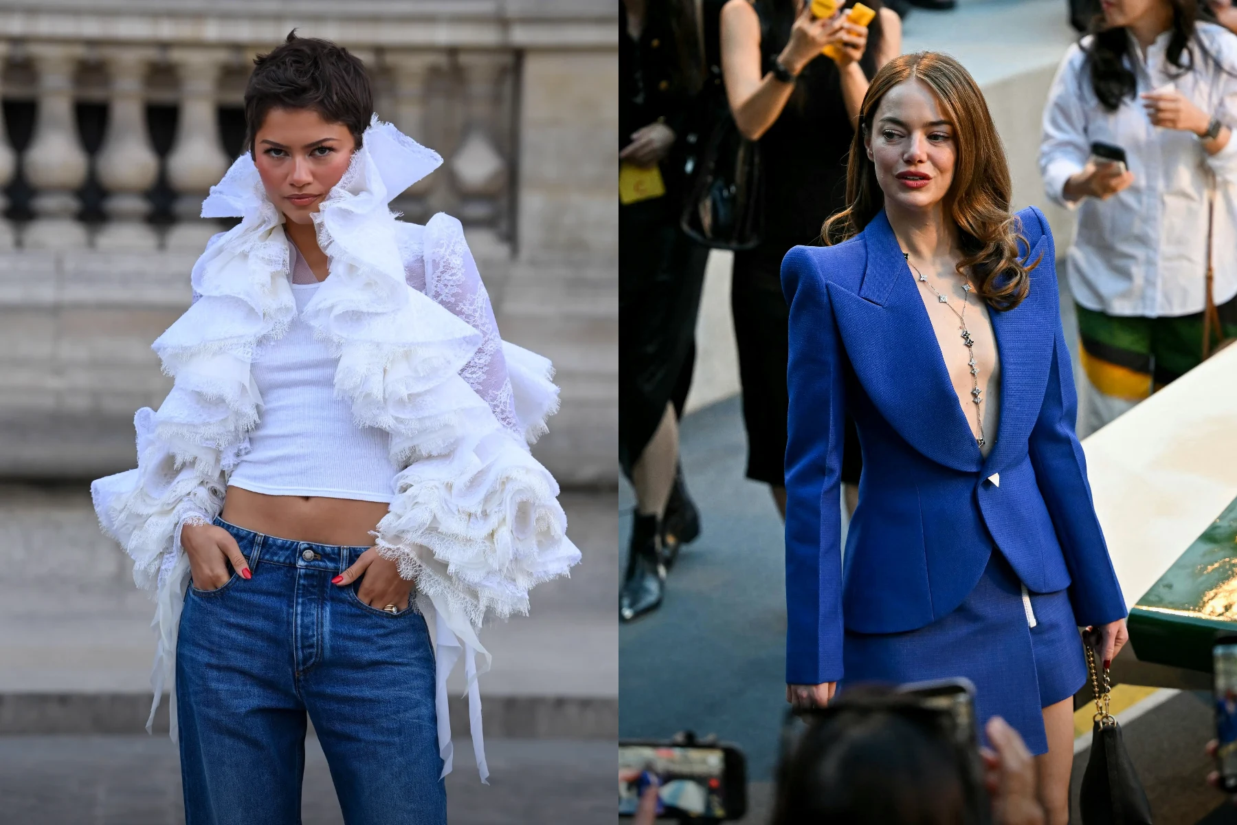 American actress and fashion trendsetter Zendaya turns the streets of Paris into her personal runway as she poses confidently for paparazzi while attending the Louis Vuitton Spring-Summer 2027 Women's Wear collection presentation during Paris Fashion Week. Styled by her longtime collaborator and image architect Law Roach, the style icon effortlessly bridges high fashion and casual streetwear by reimagining a previously worn couture piece. Her striking outfit contrasts the theatricality of an ornate, sculptural ivory lace bolero jacket—originally custom-designed by Nicolas Ghesquière for the Paris premiere of her movie The Odyssey—against the casual, laid-back backdrop of a cropped white ribbed tank top and wide-leg, relaxed-fit blue denim jeans. The lavish cropped jacket features cascades of voluminous, multi-layered dramatic ruffles that drape down her arms and wrap around her high collar. Her hands are tucked nonchalantly into her front pockets, drawing attention to her bright red ma