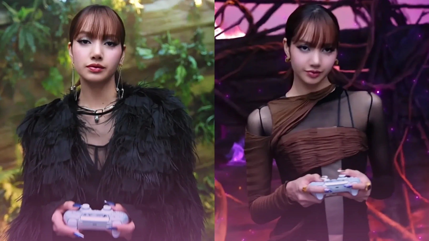 A side-by-side promotional composite showcases K-pop superstar LISA of BLACKPINK starring in an official Sony PlayStation ad campaign, highlighting a high-profile lifestyle crossover that brings music, fashion, and gaming together. On the left side of the split image, LISA sports sleek, straight brown bangs paired with a statement black feathered shrug layered over a sheer black top and a bold layered cord necklace; she gazes directly forward with a confident expression while holding a light-colored DualSense wireless controller. On the right side, the angle shifts slightly against a dark, moody background lit with purple accents, displaying her in a dark brown draped asymmetry mesh top featuring sheer cutouts as she gives a subtle, charismatic smirk while securely gripping the white controller. The heavily stylized promo visuals reinforce her influential role as a global ambassador for the brand, showing how she seamlessly blends her iconic pop aesthetics with mainstream gaming culture.