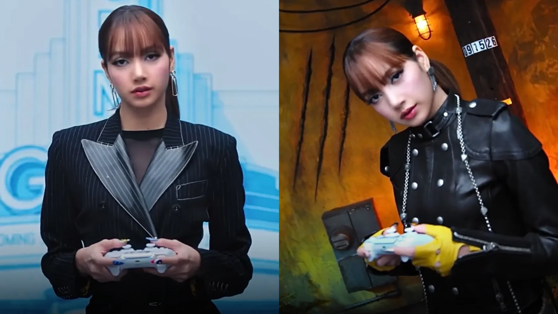 A side-by-side split screen collage showcases global K-pop superstar Lisa from BLACKPINK in two distinctly styled promotional settings for her high-profile PlayStation collaboration campaign. In the left panel, she stands poised in front of a sleek, bright blue backdrop featuring clean architectural linework and a stylized corporate or technological setting. She features sleek, dark hair styled with straight-cut bangs and pulled back into a neat ponytail, accessorized with bold, dangling silver metallic earrings. Her professional look consists of a sharp, black pinstriped blazer jacket with dramatically wide, structural gray peaked lapels layered over a sheer black mesh top. Facing directly forward with a calm, neutral facial expression, she cradles a white PlayStation DualSense wireless gaming controller in both hands. The right panel shifts dramatically to a moody, post-apocalyptic, or industrial concrete bunker interior illuminated by a soft, warm orange overhead cage light. Here, she leans slightly forward and tilts her head at a sharp angle, casting an intense, focused gaze toward the camera lens. Her attire shifts to a highly detailed, black faux-leather tactical jacket embellished with silver snap buttons, a high buckled collar, structured shoulder epaulets, and long sleeves with segmented forearm pads. She wears bright yellow fingerless gloves that contrast vividly with the dark outfit as her hands firmly grasp the same white controller. Her dark hair remains in a ponytail with straight bangs, complemented by heavy, dark winged eyeliner that enhances her piercing look. The background walls are textured with visible scratch marks, industrial grime, and a small black rectangular plaque displaying white numbers, enhancing the gritty, dystopian atmosphere of the gaming landscape.