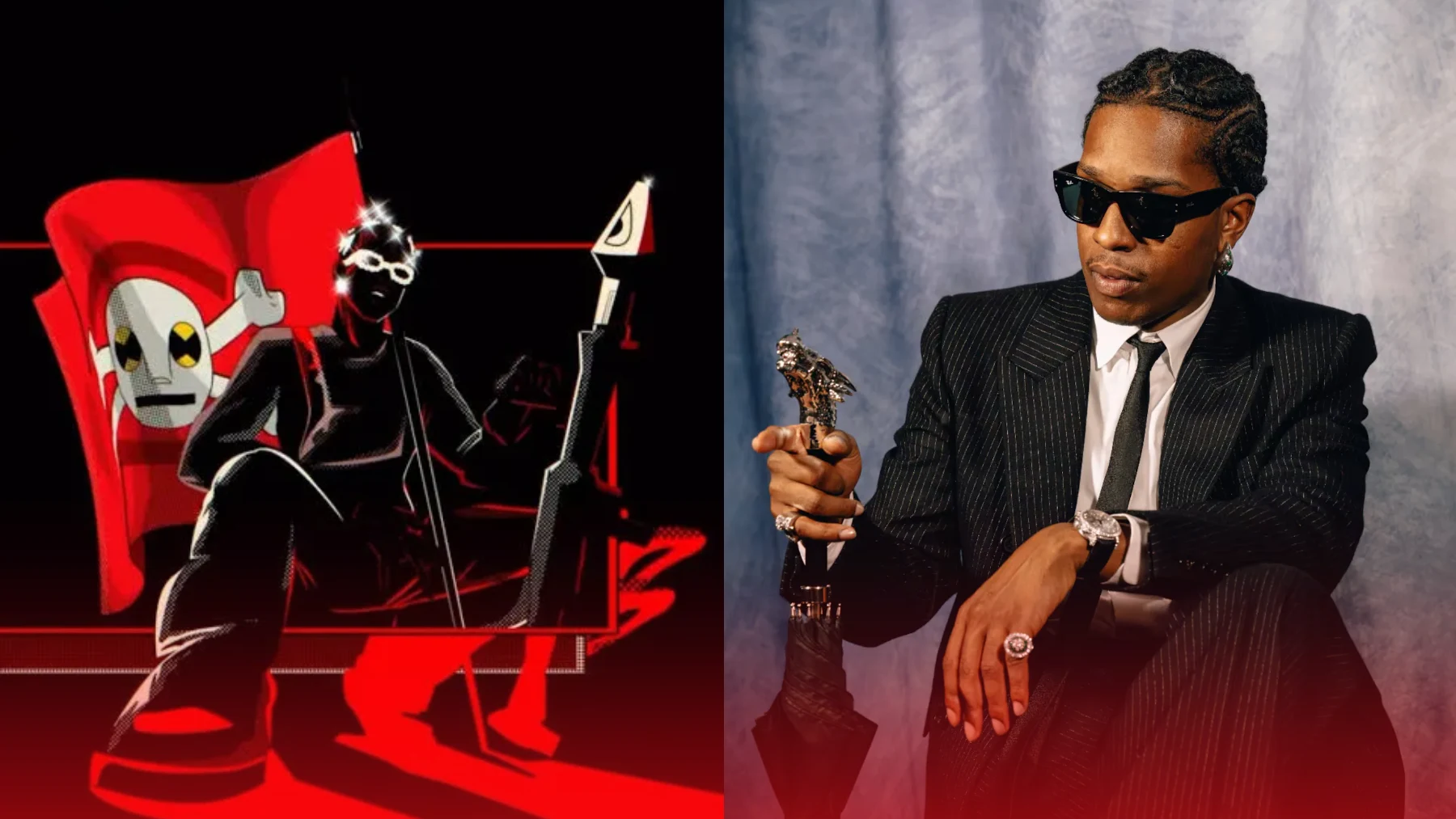 An illustrated, stylized avatar with a dark silhouette sits on the left side of a split image against a deep black background, holding a futuristic spear or rifle with a large white blade-like tip. The figure wears white-rimmed, sparkling sunglasses, a dark long-sleeved top, and loose pants, posed defensively or authoritatively in front of a bright red flag featuring a cartoonish white skull with crossbones. On the right side, hip-hop artist A$AP Rocky mimics the avatar's sitting posture against a textured, light blue backdrop. He wears dark sunglasses, a finely striped charcoal gray suit, a white dress shirt, a slim dark tie, and holds an ornamental umbrella with a detailed silver handle shaped like a bird or dragon, exuding a high-fashion, composed demeanor.