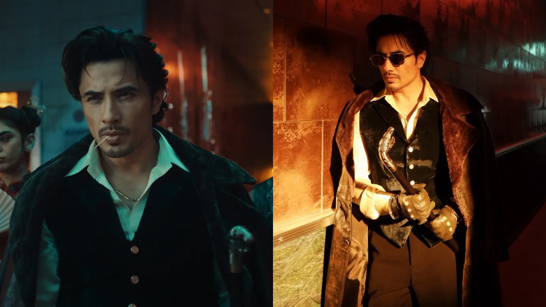 An analytical side-by-side comparison captures Pakistani singer and actor Ali Zafar in an intense, cinematic villain persona against heavily stylized backgrounds. In the left panel, he stands centered and looks directly forward with a piercing, dramatic gaze, wearing a dark velvet waistcoat over a white unbuttoned collared shirt, accessorized with a gold chain, while a long black overcoat is draped loosely over his shoulders. His dark hair is styled back in textured waves, and he wears a thin mustache and goatee, holding a thin toothpick or matchstick between his lips amid dim, moody green and orange lighting. In the right panel, he poses in a three-quarter stance against a textured, reflective copper-toned wall illuminated by harsh side lighting, wearing the same outfit paired with dark sunglasses and grey studded leather gloves. He grips a decorative metallic walking cane with both hands, exuding a brooding, theatrical criminal aesthetic.