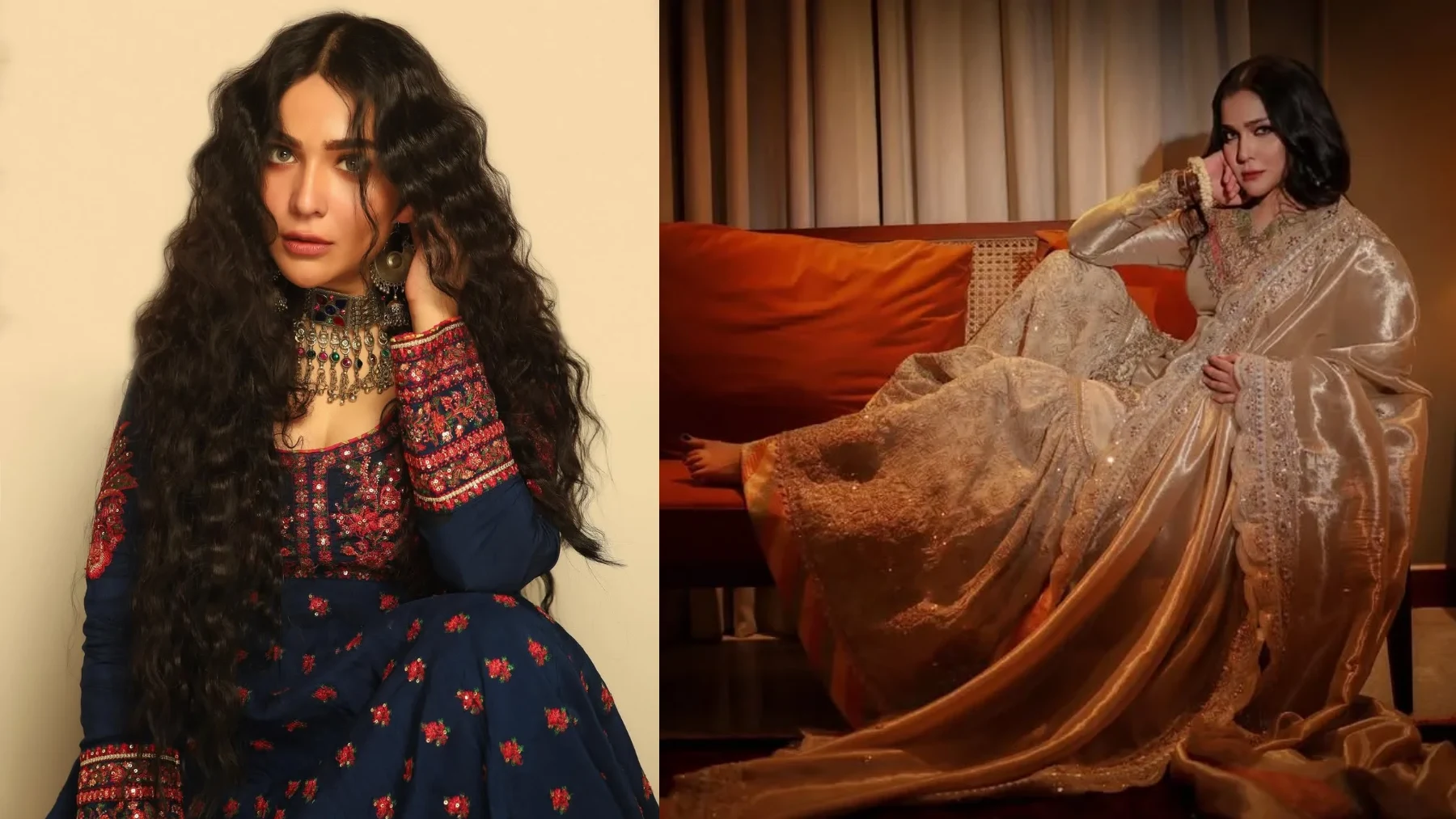 Humaima Malick stands in a striking split-composition portrait that showcases two distinctly glamorous, traditional Pakistani ensembles. On the left, she is depicted from the waist up against a neutral cream backdrop, wearing a deep navy blue anarkali dress intricately adorned with red and pink floral embroidery across the bodice and sleeves. Her exceptionally long, voluminous black hair falls in crimped, cascading waves over her shoulders, complementing a statement metallic choker necklace with dangling coins and large matching earrings. Her expression is intense and focused toward the camera. On the right, she poses in a full-length seated position on an orange cushioned wooden sofa set against a softly lit curtained background. For this look, she wears a luxurious champagne-gold sharara suit featuring dense metallic embellishments and a shimmering, sheer organza dupatta that drapes gracefully down onto the floor. Her dark hair is styled in smooth, sleek waves, and she rests her chin thoughtfully on her hand, exuding an air of regal elegance.