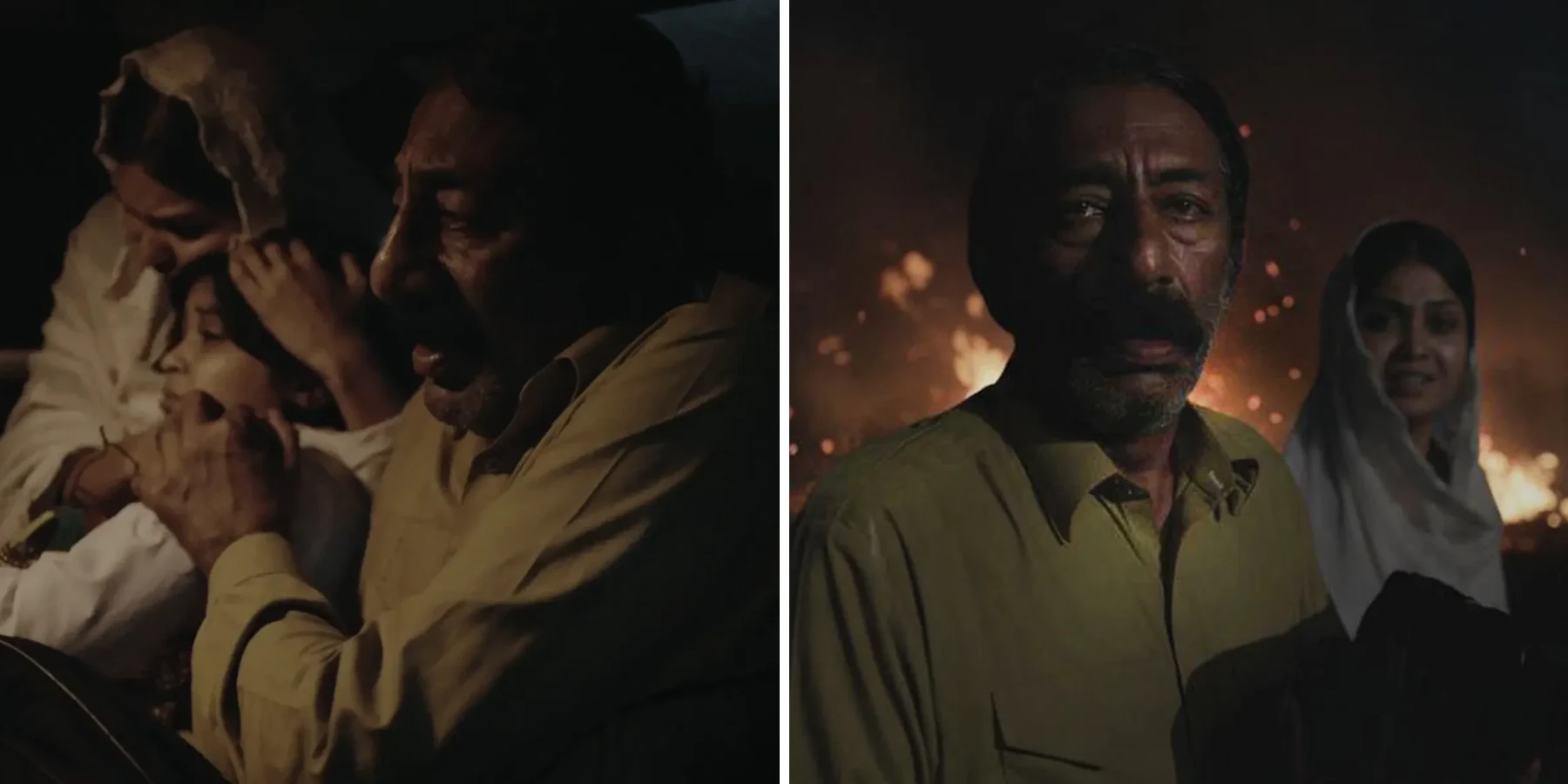 A side-by-side cinematic split-screen composition from a dramatic short film depicting a distressed family amidst a crisis. On the left side, inside a dark vehicle, an elderly man with a prominent mustache and a khaki button-down shirt reacts in visible terror and anguish, his mouth open as if shouting. Next to him, a woman wearing a traditional white headscarf tightly embraces and comforts a young, crying child. On the right side, the same elderly man stands outdoors at night, his face illuminated by a warm, orange glow, staring blankly ahead with a hollow, devastated expression. In the blurred background behind him, a massive fire rages out of control, and a woman in a white headscarf watches him with a somber, mournful look. A distraught middle-aged Pakistani man with a prominent mustache and weathered features looks directly ahead with eyes full of anguish and grief, while a woman in a white headscarf stands crying behind him amidst a background of destructive fires. In the accompanying scene, the same man inside a dark vehicle desperately embraces and comforts a weeping young girl and the woman, capturing a moment of profound emotional trauma, terror, and imminent loss during a chaotic event.