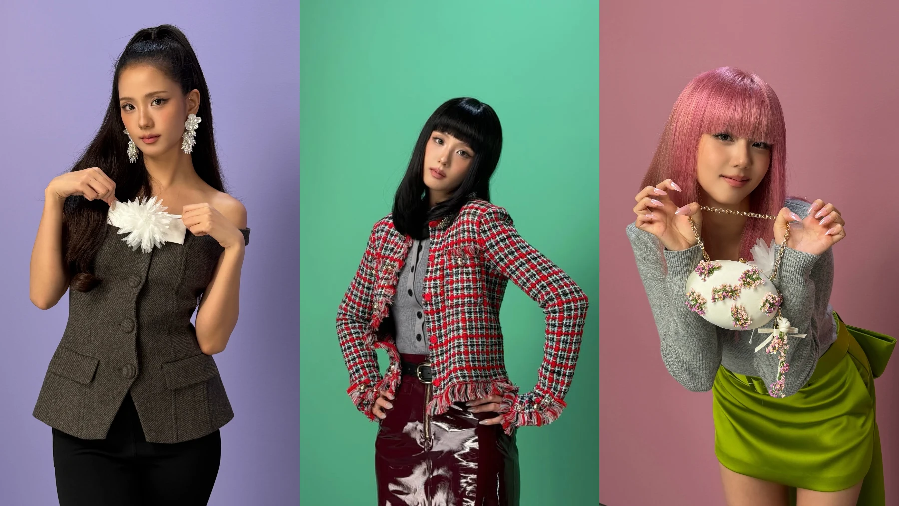 Three different studio portraits of South Korean singer and actress Jisoo from BLACKPINK are displayed side-by-side against solid color backgrounds. In the first portrait on the left, she stands against a light purple background with her long, dark brown hair styled in a high half-ponytail, wearing a strapless charcoal gray buttoned vest top with a white ruffled flower detail at the neckline, black trousers, and large white floral statement earrings as she looks directly at the camera. In the middle portrait, she poses against a bright mint green background, sporting straight black hair with heavy full bangs and wearing a red, white, and black patterned tweed jacket over a gray buttoned cardigan, tucked into a shiny, dark cherry red patent leather skirt with a black belt. In the rightmost portrait, she stands against a muted reddish-pink background with vibrant pink hair and straight bangs, leaning forward slightly while holding up a small, white oval-shaped handbag covered in pink and green floral embroidery and charms, dressed in a long-sleeved gray knit top and a bright lime green satin wrap skirt.