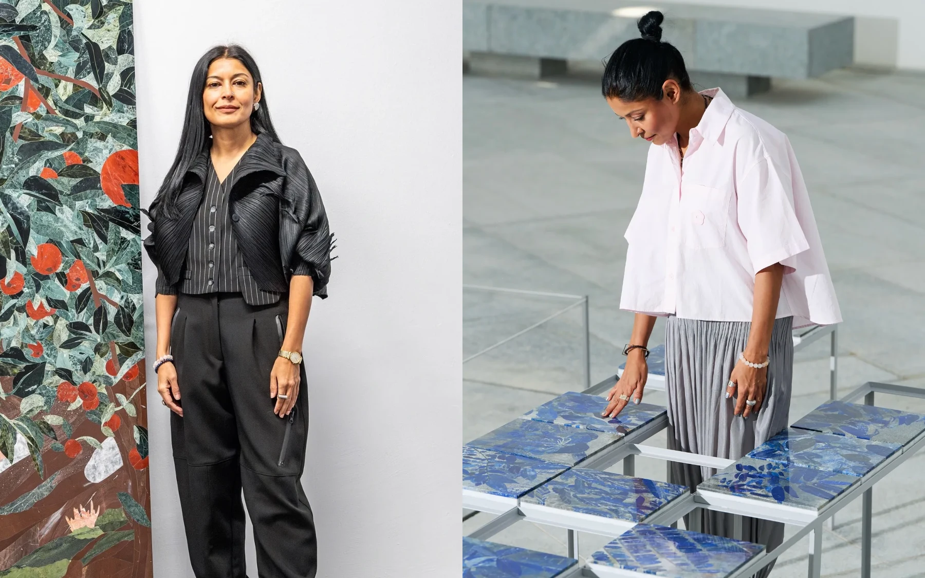 An elegant split-screen composition highlights the artistic world of Pakistani visual artist Hamra Abbas, juxtaposing a formal portrait against a candid moment of creation. On the left, Abbas stands confidently against a clean white gallery wall, framed on her right by a vibrant, mosaic-style artwork brimming with green foliage and bright orange citrus fruits. Her modern, architectural ensemble features a textured black pleated jacket with structural, ruffled sleeves worn over a classic black-and-white pinstriped vest and tailored black cargo trousers, accessorized with a subtle watch and a beaded bracelet. On the right, the scene shifts to an airy, well-lit studio or exhibition space where Abbas is captured from a high angle, leaning over an intricate grid installation. Her hair is gathered in a casual high bun, and she wears a light pink, boxy short-sleeved button-down shirt paired with fluid, pleated grey trousers. Her hand gently rests on one of the square tiles, which gleam with deep, marbled blue lapis lazuli patterns, showcasing her deep connection to the materiality and tactile process of her contemporary practice.