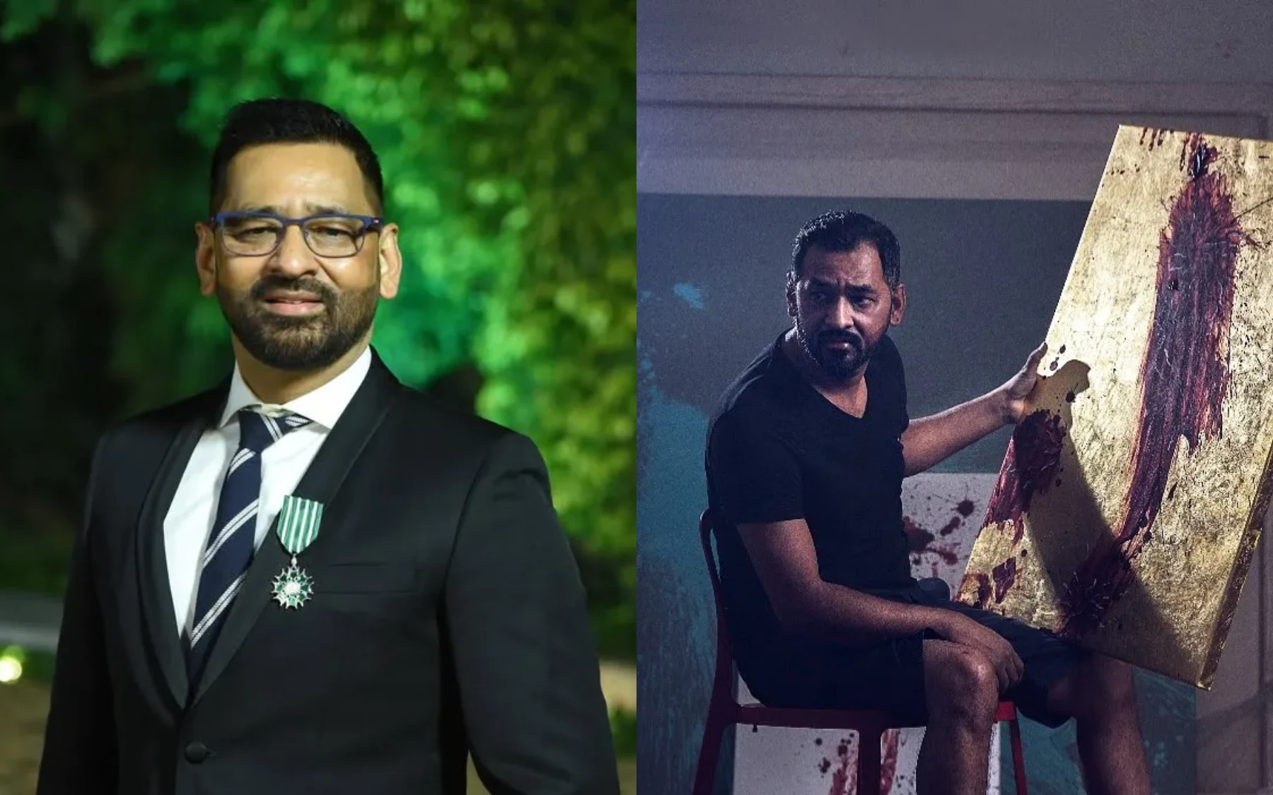 An elegant medium-shot portrait capturing the distinguished Pakistani artist Imran Qureshi in a sharp, tailored black suit with a crisp white shirt and a diagonally striped dark tie, standing gracefully against a soft, out-of-focus background of lush green trees glowing under warm, atmospheric evening lighting. He wears rectangular, thin-framed eyeglasses, sports a neatly trimmed beard and mustache, and looks directly forward with a composed, professional expression. Pinning to his left lapel is the prominent green-and-white insignia of the French Chevalier de l'Ordre des Arts et des Lettres, highlighting his global recognition.