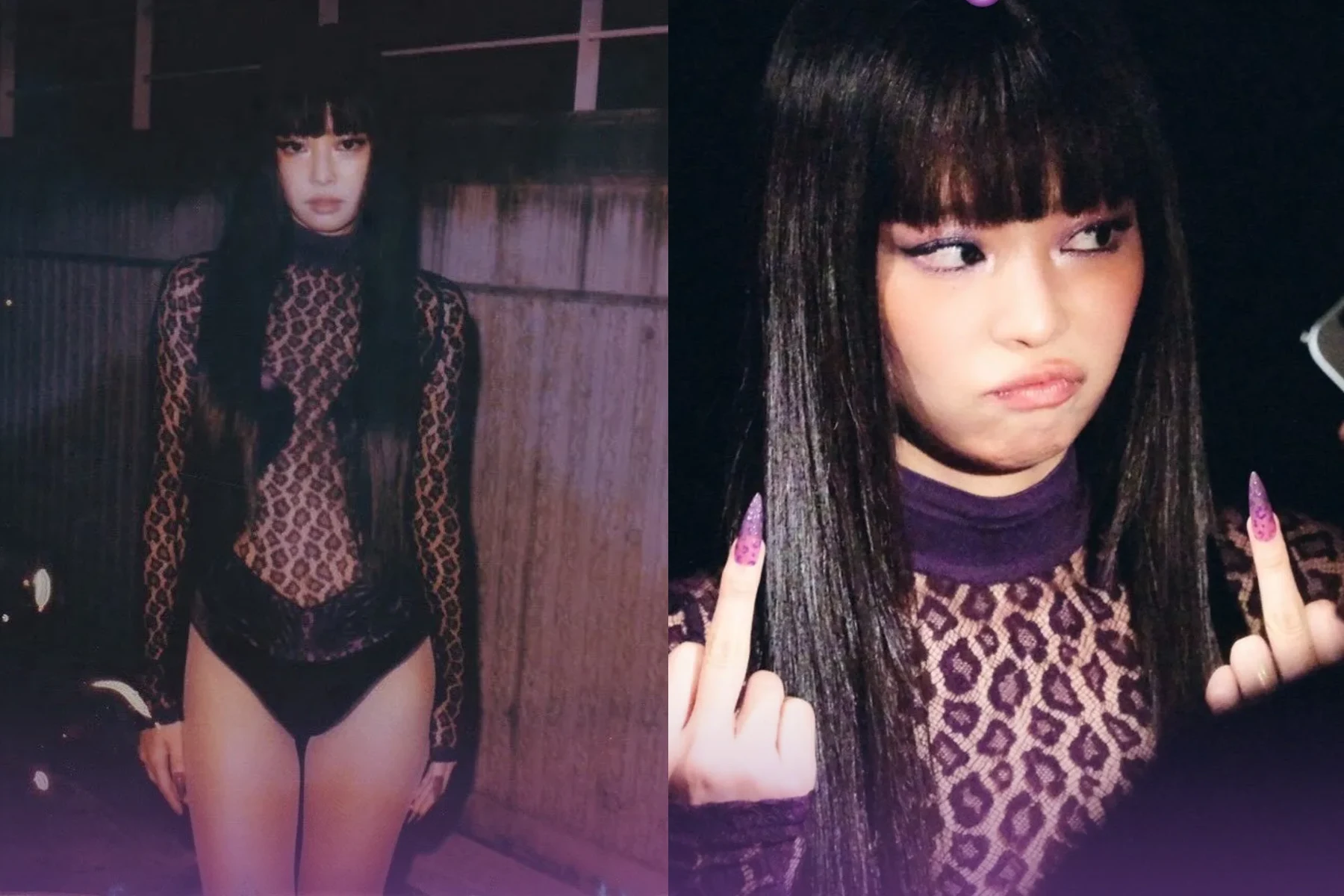 The image features Jennie Kim of BLACKPINK showcasing a bold and edgy style in a pair of side-by-side photos taken following her surprise appearance at a concert. On the left, she is captured in a full-length shot wearing a sheer, long-sleeved leopard-print bodysuit styled over black undergarments, flaunting long dark hair with blunt bangs against a dimly lit outdoor background. On the right, a close-up shot highlights her expressive, playful pout while she holds up both hands to show off her long, pointed, glittery purple nails, complementing her dramatic eyeliner, pink blush, and the high-neck detail of her animal-print top.