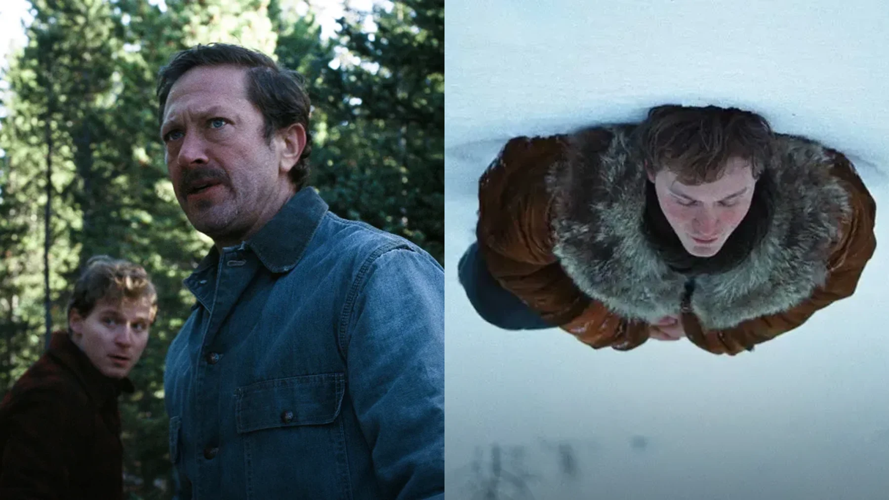 Fred Hechinger as Mike and Ebon Moss-Bachrach as Lester navigate the dense, unforgiving pine forests of a remote mountainous region in a tense cinematic still (left) from director Andrew Haigh's A Long Winter, juxtaposed with a striking, top-down bird's-eye perspective (right) showing Mike bundled in a heavy, fur-lined winter parka as he remains buried up to his chest in a deep, stark white blanket of snow.