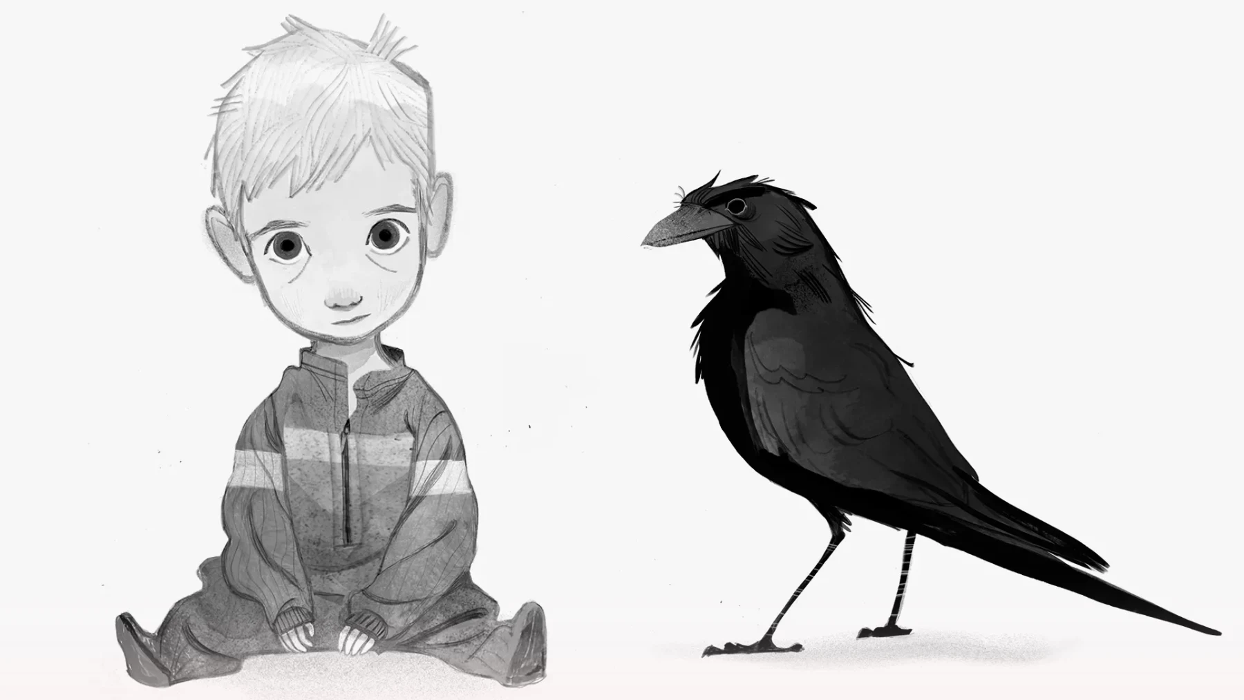 A whimsical black-and-white digital illustration depicts a wide-eyed baby boy sitting casually on the ground next to an oversized black crow, both rendered in a distinct, starkly textured sketching style. The toddler is drawn with a notably large head, messy blonde hair, and soft shadow rings under his expressive dark eyes, creating a slightly solemn yet innocent expression as he faces forward wearing a striped, zip-up jumpsuit. To his right, the stylized crow towers at nearly the same sitting height, standing upright on thin, spindly legs with its sleek dark feathers, layered wing plumage, and sharp beak captured in rich gradients of ink wash and delicate cross-hatching textures. Set against a completely blank, minimalist off-white background, the high-contrast pairing captures the quiet, eerie fairy-tale tone of a child juxtaposed with a woodland creature, emphasizing fine line work, grainy gradients, and an overarching sense of classic storybook mystery.