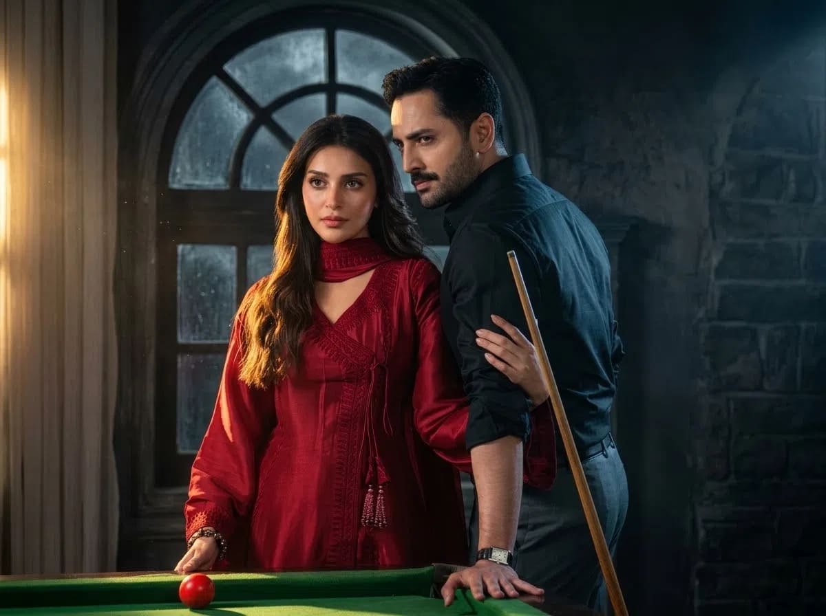 This cinematic promotional still features Pakistani actors Anmol Baloch and Danish Taimoor in a moody, dimly lit room, posing next to a green snooker table under a large, arched multi-pane window that filters in soft exterior light. On the left, Anmol Baloch stands facing forward with a serious, wide-eyed expression, dressed in an elegant deep red silk anarkali-style tunic featuring intricate embroidered borders, an asymmetric front tie closure with tassels, and a matching red dupatta draped around her neck. Her long, dark wavy hair falls over her shoulders, and her right hand rests lightly on the edge of the snooker table near a single red ball. Stepping out from behind her on the right is Danish Taimoor, clad in a sleek, buttoned-down black dress shirt and dark trousers, sporting a neat mustache and stylized side-parted hair. He looks intently off-camera with a stern, focused gaze while leaning forward, his left hand grasping a wooden cue stick that rests diagonally against the table and his right arm partially hidden as she rests her hand upon his forearm. The atmospheric background is defined by dark, rough-textured stone brick walls, a beige curtain draped to the far left, and a subtle golden glow casting highlights along the contours of their faces and outfits, creating a tense, dramatic narrative ambiance suitable for a television drama poster.