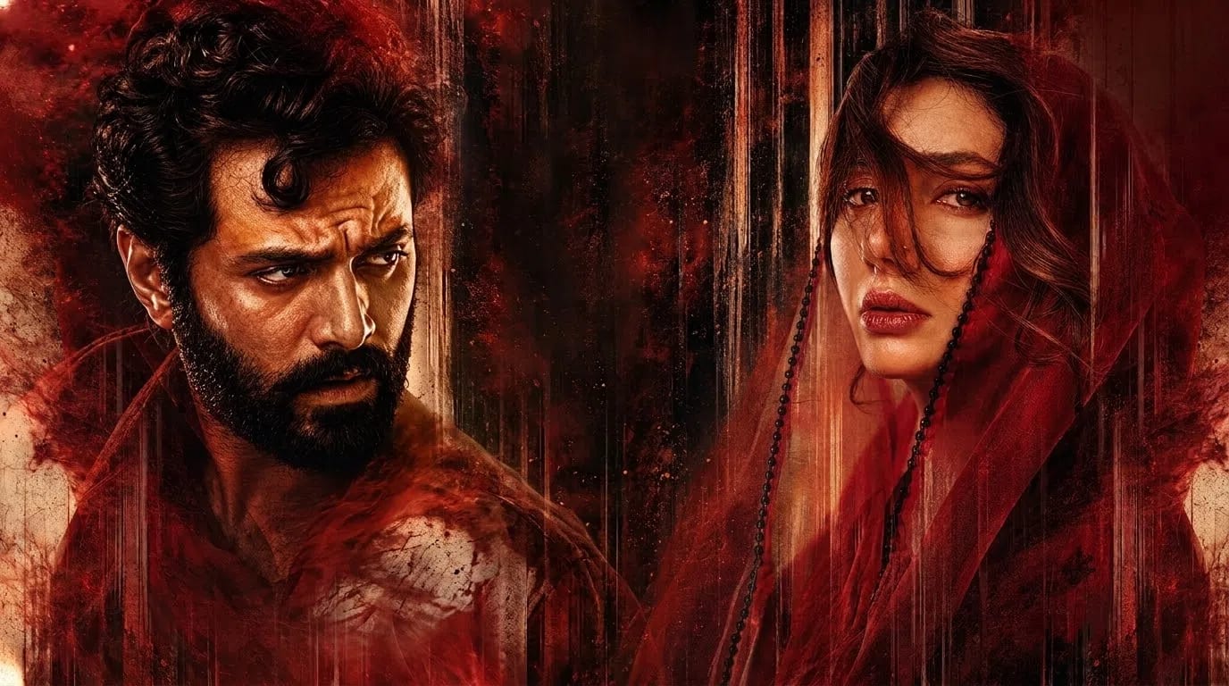 A gritty, high-contrast digital poster drenched in intense red, crimson, and black tones features a dramatic split-screen composition with two Pakistani actors. On the left, Wahaj Ali appears with disheveled, curly dark hair, a thick beard, and an intense, furrowed brow, looking sharply toward the right with a fierce, brooding expression. His clothing looks rough and stained with dirt or dark splatter. On the right, Mahira Khan looks forward with a sorrowful, tearful expression, her face framed by loose strands of dark hair. She wears a deep red veil draping over her head, adorned with a delicate black beaded tassel strand running down her cheek. The entire background is filled with abstract, vertical textures resembling dripping liquid, smoke, and fine splatters, creating a dark, tragic, and highly cinematic atmosphere. Poster by Green Entertainment and Edited by PakistaniArt.