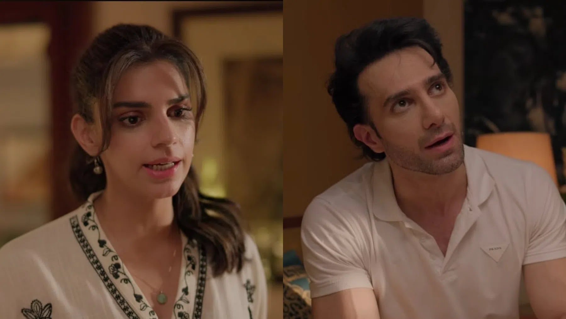 A split image showcases two side-by-side dramatic stills of Pakistani actors Sanam Saeed and Emmad Irfani from a scene in their television project. On the left side, Sanam Saeed is shown from the chest up, sporting a concerned and emotional facial expression with her lips parted as if speaking intensely, styled in a white patterned outfit with delicate necklaces. On the right side, Emmad Irfani is captured from a similar angle looking slightly upward with a wide-eyed, questioning look of disbelief, dressed in a casual white polo shirt. Both actors are softly lit against warm, dimly illuminated indoor backgrounds, highlighting their intense on-screen chemistry and the serious tone of the scene.
