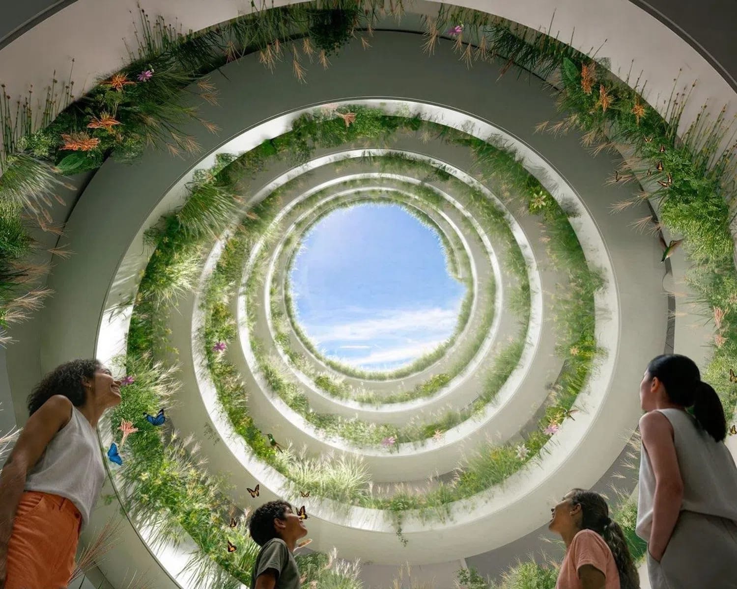 This architectural rendering depicts "Living Strata" (Estratos Vivos), the winning design for the new National Museum of Ecuador (MuNA) in Quito. An upward-looking view inside a striking, spiraling vertical courtyard that opens directly to the sky. Multiple stacked circular tiers are completely lined with dense green vegetation, wildflowers, and flying butterflies, creating a vibrant hanging-garden aesthetic. Visitors stand at the bottom level, looking up through the monumental green vortex toward a bright blue sky filled with scattered clouds. A low-angle, upward-looking perspective captures an indoor architectural space shaped like a massive spiral structure. The spiral narrows as it ascends toward a circular opening, revealing a bright blue sky with thin white clouds. Each tier of the curved ramp is heavily covered with lush green grass, wild plants, small flowers, and occasional butterflies. Four individuals—an adult woman on the left, a young boy near the center, and a young woman and an adult woman on the right—stand along the base of the structure, gazing upward at the light and foliage above.