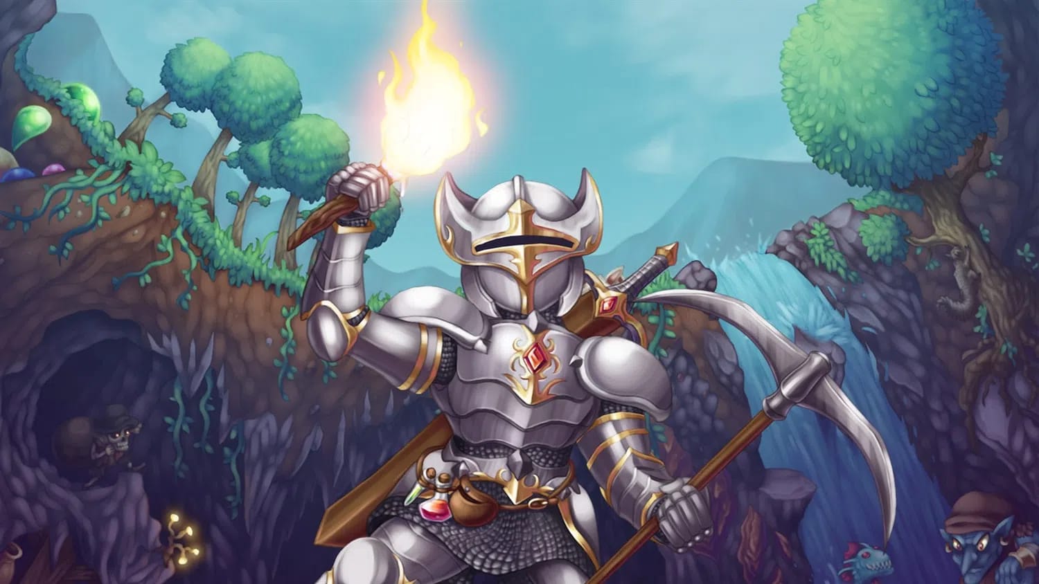 An armored knight stands proudly in a vibrant, stylized 2D landscape from the game Terraria, holding a flaming torch high in one hand and a large, curved pickaxe in the other. Clad in ornate silver armor with gold trim, a horned helmet, and a glowing red gem on the breastplate, the character prepares for exploration against a detailed background featuring lush green trees, a rocky cave opening, a cascading waterfall, and distant blue mountains, while small creatures like slimes and goblins lurk in the corners.
