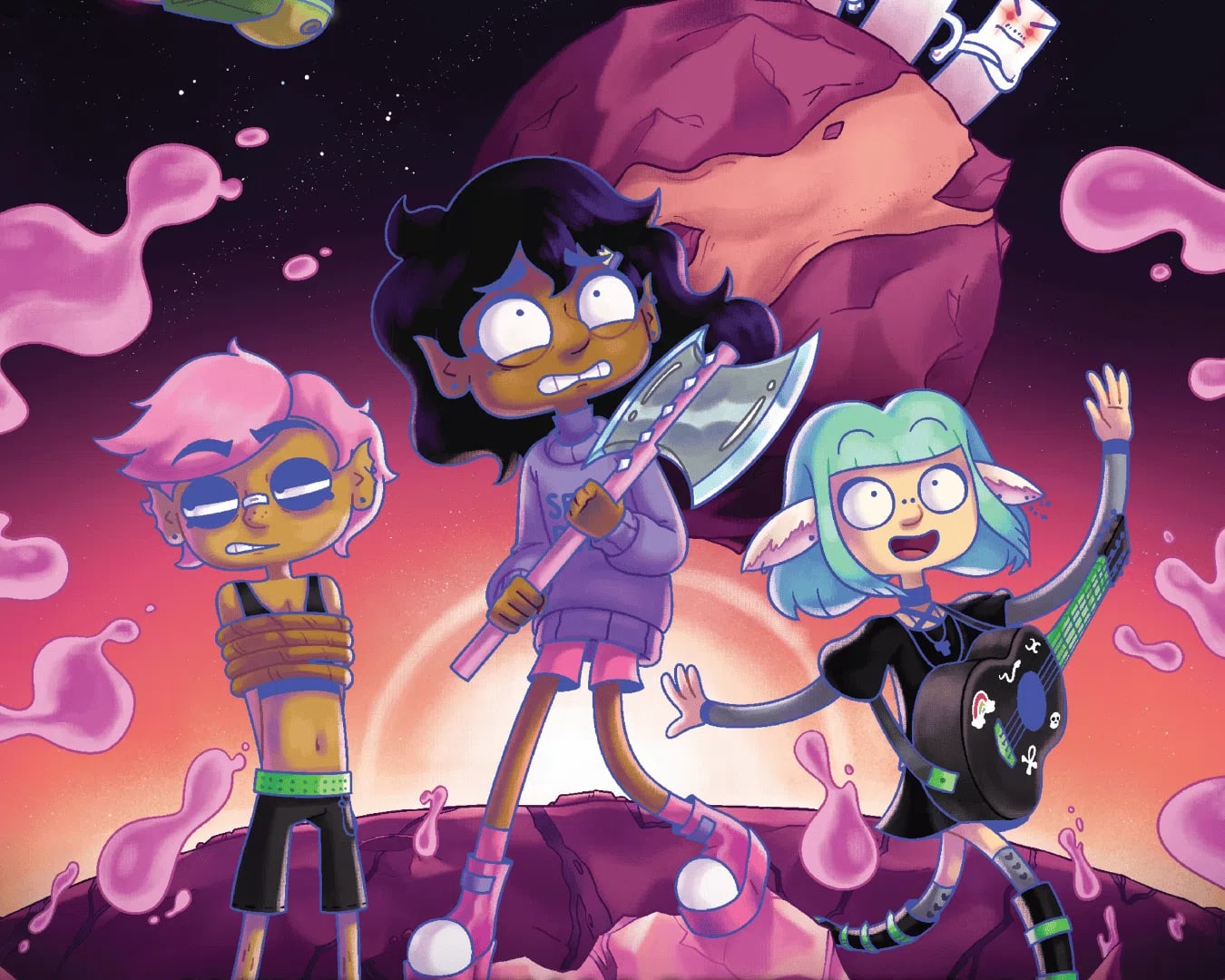 The image displays a colorful and stylized promotional poster for the adult animated sci-fi comedy film Lesbian Space Princess (2025). The illustration features three central characters on a rocky purple planet against a starry space background with vibrant pink goo or liquid floating around them. In the center stands the introverted main character, Princess Saira, a girl with dark curly hair and large anxious eyes, holding her royal battleaxe (Labrys) tightly across her chest. To her left, a character with short pink hair and sunglasses stands tied up with ropes around their torso, wearing a worried or annoyed expression. To her right, a cheerful character with bright aqua-green hair, large glasses, and pointed elf-like ears joyfully strumming a black guitar while waving one hand in the air. In the upper right corner, small white carton-like characters with faces peak out from behind a large pinkish-purple moon.