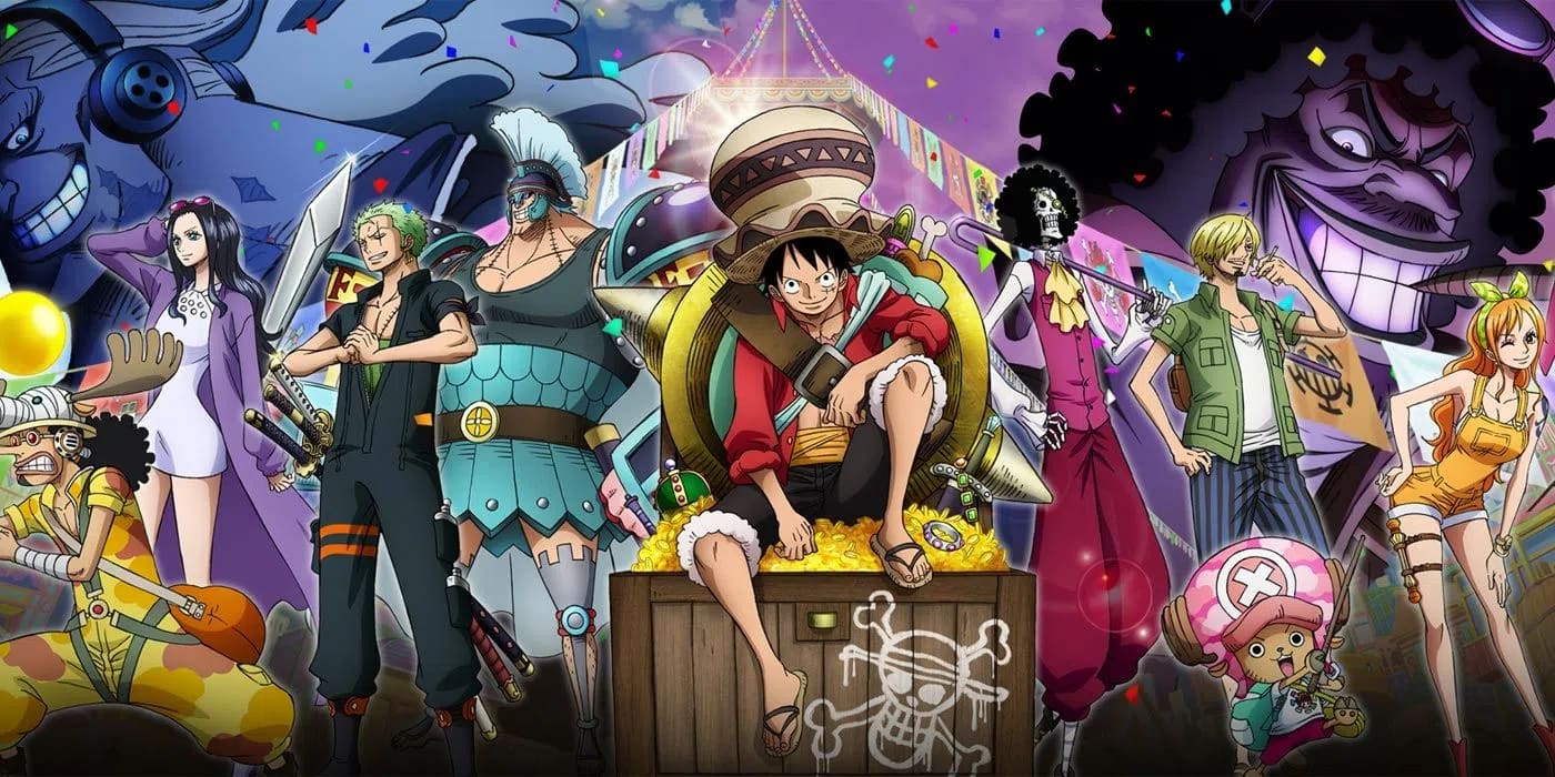 An official promotional poster for the anime movie One Piece: Stampede showcases the entire Straw Hat Pirate crew gathered together in vibrant, festive outfits against a purple-hued sky filled with confetti. In the center, Monkey D. Luffy sits triumphantly atop a massive wooden treasure chest filled with gold coins, wearing an oversized, ornate festival hat over his signature straw hat. Flanking him on the left are Usopp in yellow overalls, Nico Robin in a purple coat, Roronoa Zoro in dark attire, and Franky in Roman-inspired blue armor. On the right stand Brook in a pink suit, Sanji in a green vest, Tony Tony Chopper wearing a pink cap, and Nami in orange overalls. Looming large and menacingly in the background are the silhouettes of the film's antagonists, Douglas Bullet on the far left with headphones, and Buena Festa on the far right with a sinister grin.