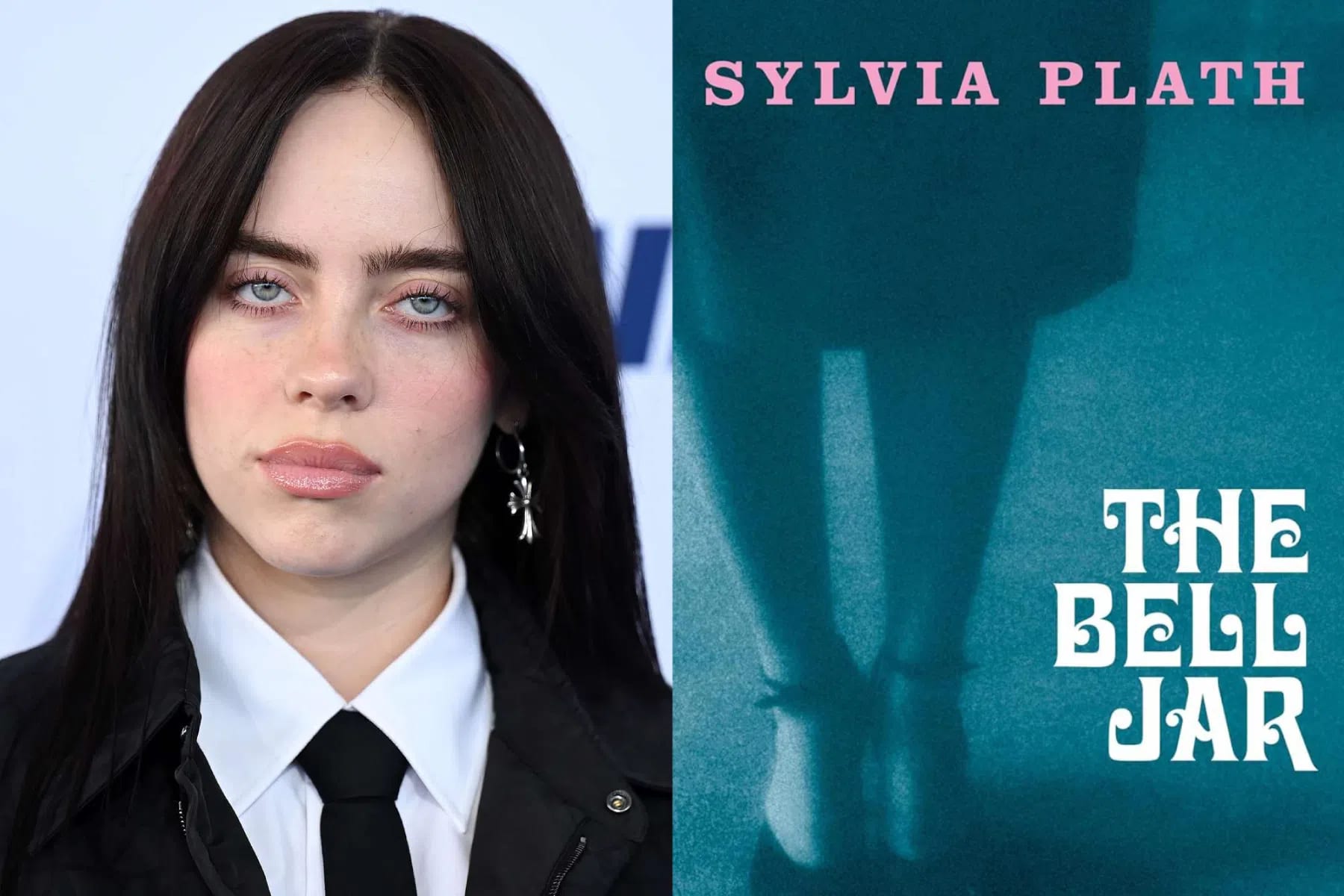 An image pairing a close-up portrait of American singer-songwriter Billie Eilish on the left with the book cover of Sylvia Plath's semi-autobiographical novel The Bell Jar on the right. Eilish is depicted from the chest up, sporting dark brown hair parted down the middle, light blue eyes, and subtle makeup, dressed in a formal white collared shirt, black tie, and a black jacket. To her right, the teal-toned book cover displays the author's name, "SYLVIA PLATH," in pink capital letters at the top, while the title, "THE BELL JAR," is written in an stylized, white serif font in the lower right corner, set against a dark silhouette of a person standing.