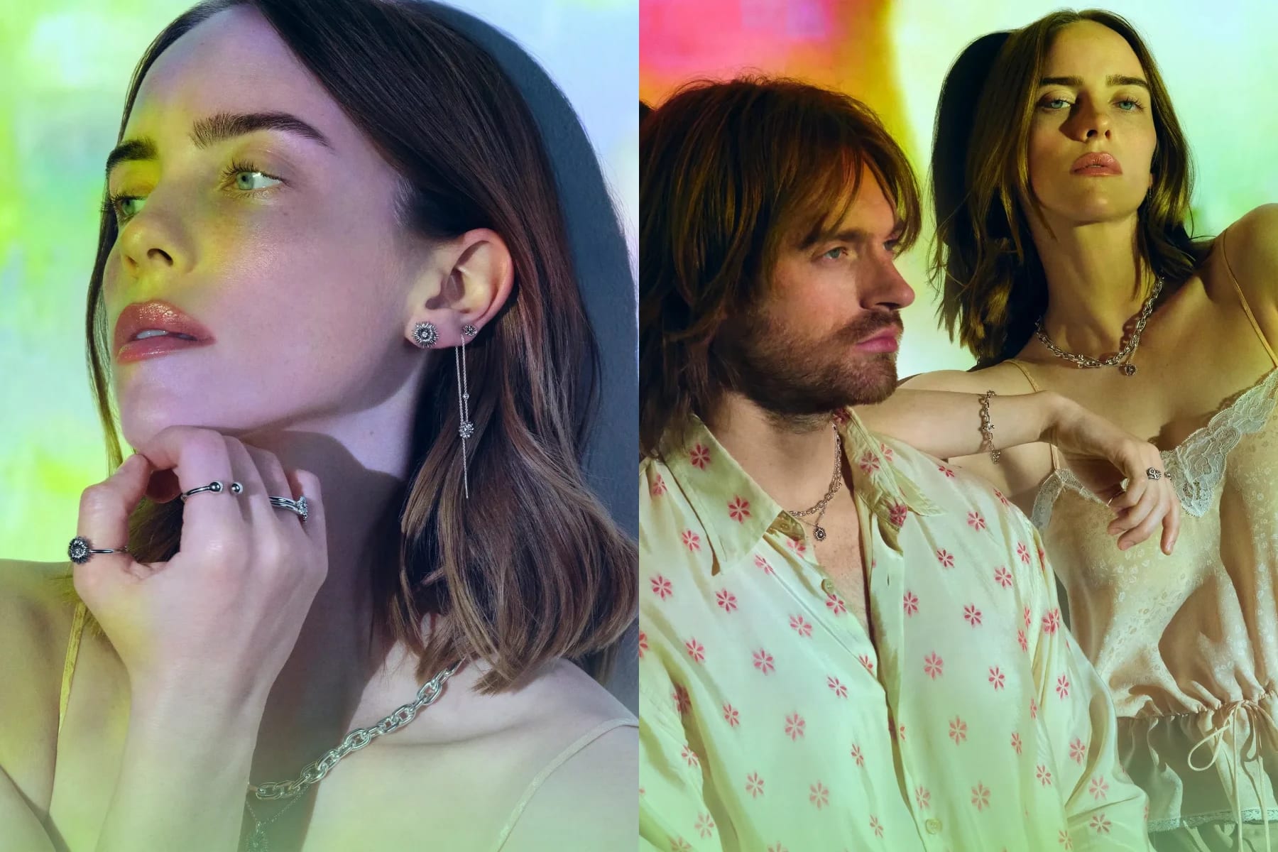 A side-by-side composite photo featuring American musicians Billie Eilish and Finneas O'Connell modeling a sustainable luxury jewelry collection. The left side is a close-up profile shot of Billie Eilish with her head tilted upward, leaning her chin on her hand, wearing delicate sterling silver and lab-grown diamond stud earrings, a long drop chain earring, a silver choker-style necklace, and several silver bands on her fingers. The right side features a broader mid-shot of the sibling duo posing closely under a colorful, abstract light projection; Finneas looks slightly away to the right while wearing a patterned, cream-colored open button-down shirt and a silver chain necklace, while Billie leans against his shoulder in a silk and lace lingerie top, layered silver necklaces, a silver bracelet, and several silver rings. Grammy-winning siblings Billie Eilish and Finneas expand their partnership with John Hardy by co-designing two new distinct jewelry motifs, Wildflower and Screwball, f