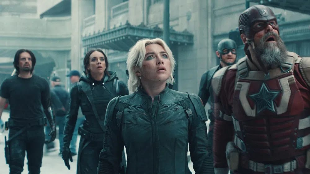 In this striking lineup from Marvel Studios' Thunderbolts*, a dysfunctional ensemble of the Marvel Cinematic Universe's most prominent antiheroes stands captured from left to right, showcasing an intriguing blend of redemption seekers and battle-tested operatives. Anchor of the left side is Bucky Barnes, portrayed with seasoned gravitas by Sebastian Stan, standing shoulder-to-shoulder with the phasing, molecularly unstable Ava Starr/Ghost, brought to life by Hannah John-Kamen. Taking center stage is the fierce and witty Black Widow successor Yelena Belova, played by Florence Pugh, who flanks the volatile former Captain America John Walker, embodied by Wyatt Russell. Grounding the far right is the boisterous Russian super-soldier Alexei Shostakov / Red Guardian, played by David Harbour, completing a visually compelling tableau of Valentina Allegra de Fontaine's recruited misfits as they prepare to confront the ghosts of their traumatic pasts.