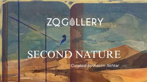 An art gallery invitation card for an exhibition titled "Second Nature" is superimposed over a textured painting of an expansive desert landscape. The background artwork is rendered in horizontal bands of warm earthy tones, transitioning from deep ochres and browns at the bottom to lighter sandy yellows and muted blues in the upper sky region. The landscape features faint, sketchy outlines of sparse desert vegetation and bare trees on the right side. Cutting vertically down the middle and left portions of the composition are sharp, stylized geometric structures that resemble thin rectangular pillars or overlapping transparent glass panels, adding a modern, abstract contrast to the natural terrain. A small, dark blue silhouette of a bird is perched delicately on a thin horizontal line near the upper center.The text elements are aligned down the center of the card in a clean, white sans-serif font. At the very top, the gallery logo reads "ZQ Gallery" with a stylized leaf or flame motif inside the letter "O". Directly below the bird silhouette, the main exhibition title "SECOND NATURE" is written in large capital letters. Below the title, a smaller line states "Curated by Aasim Akhtar". In the middle section, five featured artists are listed vertically: "Zahra Jewanjee", "Yawar Abbas", "Aqsa Shahir", "Naqsh Raj", and "Abu Hanzla". The lower section details the event information, starting with "Opening Reception" followed by the date "Saturday, September 5, 2026" and the time "5–8 pm". At the absolute bottom of the card, the venue address and contact information are printed in a small, compact line: "ZQ Gallery | 19-A, Jail Road, Lahore | +92 326 495 8860".