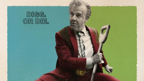 A retro-styled movie poster titled "DIGGER" features a large central illustration of an older man with gray hair, wide-eyed expression, and a red suit, standing wide-legged while holding a shovel. The background consists of vertical blocks of blue, green, and an orange semi-circle at the bottom. Text at the top reads "DIGG. OR DIE." Above the title, it says "TOM CRUISE is DIGGER." Five smaller headshots of actors Riz Ahmed, John Goodman, Sandra Hüller, Michael Stuhlbarg, and Jesse Plemons are arranged in a row below the illustration, with "Directed By ALEJANDRO G. IÑÁRRITU" printed beneath them. The bottom text indicates it was "SHOT ON VISTAVISION" and is coming "ONLY IN THEATERS OCTOBER 2," accompanied by extensive screenplay and story credits.