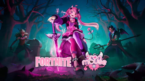The image is an official promotional artwork featuring a collaborative crossover between Fortnite and the prominent VTuber Ironmouse. Set against a dark, eerie, and atmospheric graveyard background illuminated by an ethereal blue and pink glow, the scene is filled with gnarled, leafless trees and crooked tombstones.In the center, the prominent anime-style character Ironmouse stands confidently, leaning on a large, glowing pink and black broadsword that pulses with magical energy. She sports her signature pink hair tied into pigtails, small demonic horns, and a frilly black, pink, and purple gothic outfit complete with matching thigh-high boots and a long, thin demon tail.Flanking her in the background are two Fortnite characters prepared for battle: a female warrior on the left emerging from behind a headstone, and a male character with dark wings on the right wielding a trident-like spear. In the lower-center foreground, the stylized, bold white Fortnite logo sits directly next to the cute, bubble-lettered, pink and white Ironmouse logo, which is adorned with tiny bat wings and a bow. An official promotional graphic announcing a spooky, Halloween-themed collaboration between the popular battle royale video game Fortnite and VTuber Ironmouse. 