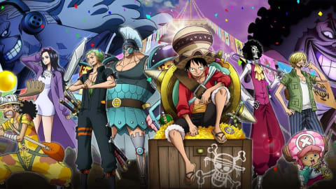 An official promotional poster for the anime movie One Piece: Stampede showcases the entire Straw Hat Pirate crew gathered together in vibrant, festive outfits against a purple-hued sky filled with confetti. In the center, Monkey D. Luffy sits triumphantly atop a massive wooden treasure chest filled with gold coins, wearing an oversized, ornate festival hat over his signature straw hat. Flanking him on the left are Usopp in yellow overalls, Nico Robin in a purple coat, Roronoa Zoro in dark attire, and Franky in Roman-inspired blue armor. On the right stand Brook in a pink suit, Sanji in a green vest, Tony Tony Chopper wearing a pink cap, and Nami in orange overalls. Looming large and menacingly in the background are the silhouettes of the film's antagonists, Douglas Bullet on the far left with headphones, and Buena Festa on the far right with a sinister grin.