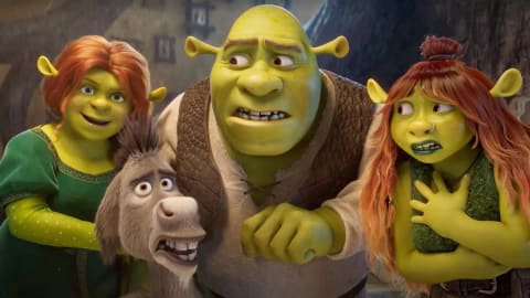 An animated group of four characters from the Shrek franchise stands together with varied expressions of shock and confusion against a blurred, rustic background. On the far left, Princess Fiona, an ogre with red hair in a green dress, smiles with wide eyes. Next to her, Donkey looks upward with an exaggerated, wide-eyed grimace, showing his teeth. In the center, Shrek, a large green ogre wearing his signature white tunic and brown textured vest, clenches his teeth and fists in an uneasy, defensive posture. To his right stands a female teenage ogre with long, messy ginger hair tied in a partial topknot, a nose ring, and a green textured top, looking anxiously to the side with her hand pressed to her chest.
