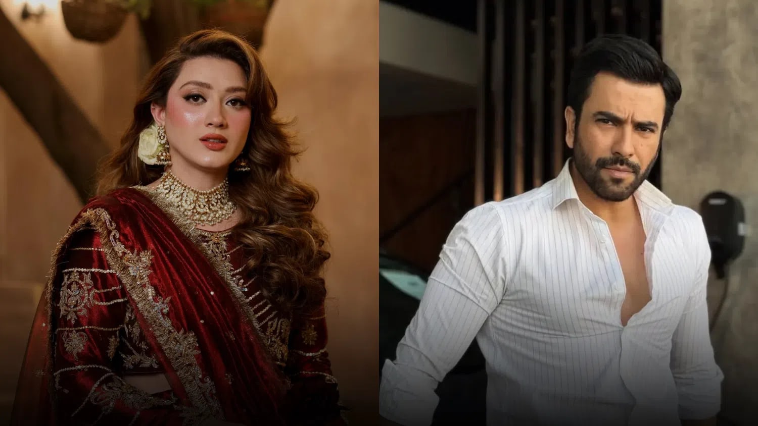 A side-by-side composite image featuring two individual portraits of Pakistani actors. On the left, actress Momina Iqbal is captured from the waist up. She is wearing a heavily embroidered, deep maroon or red bridal lehenga with intricate gold zari and sequin detailing. Her hair is styled in voluminous, cascading waves tossed to one side, and she wears a heavy gold choker necklace, matching earrings adorned with white roses, and traditional makeup with prominent blush and a red lip. On the right, actor Junaid Khan is shown from the chest up, leaning against a dark car. He is wearing a crisp white, vertically pinstriped button-down shirt with the top buttons left open and sleeves rolled up, showcasing a well-groomed beard and styled black hair.
