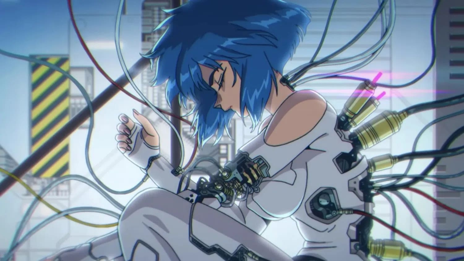 The illustration depicts a side profile of Motoko Kusanagi, a woman with distinctive short, jagged blue hair, in a contemplative or dormant state. She is a full-body cyborg, shown with various mechanical interfaces and wires connected to ports on her back and arms. She wears a white, form-fitting bodysuit with cutouts that reveal additional cybernetic detailing on her shoulders and spine. The background is a sterile, high-tech environment filled with numerous tangled data cables and industrial hazard-striped pillars, set in a pale blue and white color palette. An Amazon Prime Video logo is visible in the bottom-left corner, indicating the series' global streaming home.