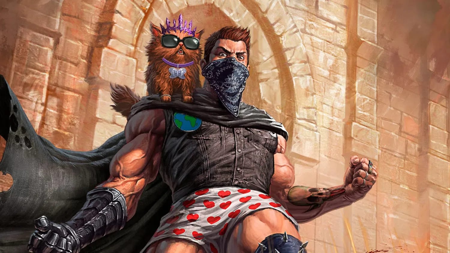 This illustration depicts the protagonists of the LitRPG series Dungeon Crawler Carl, showing a muscular, bare-legged man named Carl wearing only heart-patterned boxers, a denim vest, and a dark patterned bandana covering his face. Perched on his shoulder is Princess Donut, a fluffy orange Persian cat wearing oversized sunglasses, a jeweled tiara, and a silver butterfly-shaped tag on her collar, as they stand defiantly in front of an ancient stone archway.
