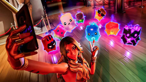 An in-game promotional screenshot from Epic Games' Fortnite Chapter 7 Season 3 depicting a player using a female character skin to snap a high-angle selfie inside a VIP lounge setting, framed on the left by her hand holding up a dark smartphone. The central character flashes a peace sign with her opposite hand while smiling at the camera, wearing an elegant gold top alongside matching wrist bangles and manicured nails. Arrayed in a curved line behind her, several brightly glowing, miniature cubical companion creatures known as Sprites float in midair, each possessing a distinct color, facial expression, and elemental thematic aura. These cute companions include a dark red volcanic block, a soft pink bubble creature, a fiery orange block, a dark teal entity, a glowing neon blue water variant, a bright yellow block sporting cool sunglasses, and a cracked purple crystal sprite pulsing with dark energy. Warm spotlighting cuts diagonally across the polished wooden floorboards of the lounge room, throwing sharp silhouettes and casting vibrant pink, purple, and blue neon illumination from the magical sprites onto the character's skin.