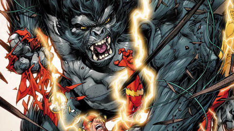 Gorilla Grodd, a hyper-intelligent, telepathic ape from the hidden African civilization of Gorilla City, fiercely overpowers the Flash in a chaotic battle surrounded by shattering debris and crackling Speed Force lightning. As one of the Scarlet Speedster's most ruthless adversaries, Grodd utilizes his immense physical strength, savage fury, and devastating psychic abilities in an endless quest to conquer humanity and destroy Central City's protector.