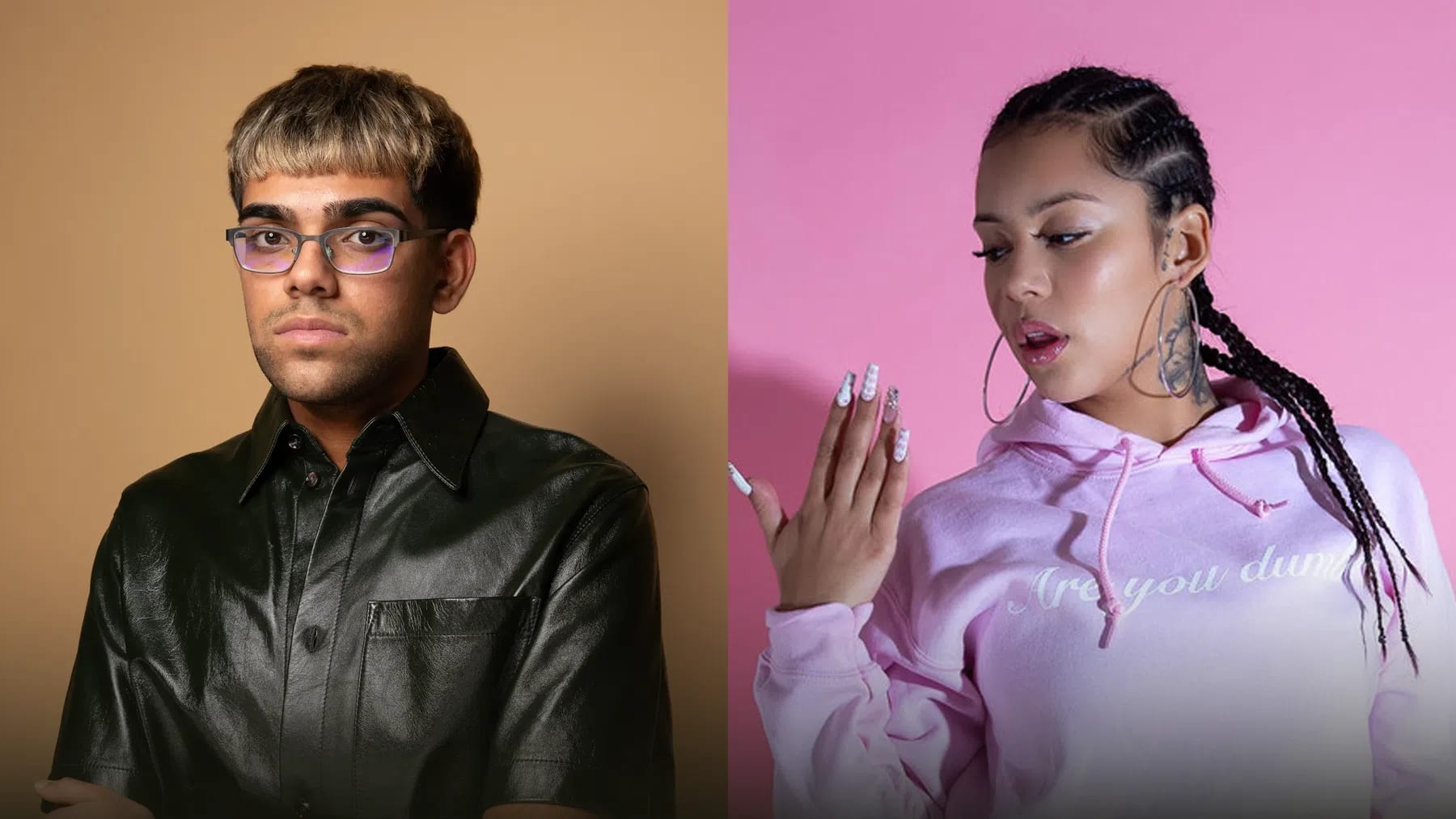 The image side-by-side showcases social media personalities N3on and Chromazz posing individually against solid studio backdrops. On the left, N3on is depicted from the chest up against a plain beige background, looking directly toward the camera with a neutral expression. He sports a distinctive two-toned mushroom haircut with blonde highlights on top and dark hair underneath, thick dark eyebrows, and semi-rimless rectangular eyeglasses. He wears a short-sleeved, black faux-leather button-up shirt with a structured collar. On the right, Chromazz is captured from the waist up against a vibrant pink background, looking downward and slightly to her right while showing off her long, white, decorated acrylic nails. Her hair is styled into sleek, tight cornrow braids that transition into a long ponytail. She wears large, thin metallic hoop earrings, a light pink hoodie featuring the phrase "Are you dumb" embroidered across the chest in a cursive font, and displays a detailed neck tattoo on her left side.
