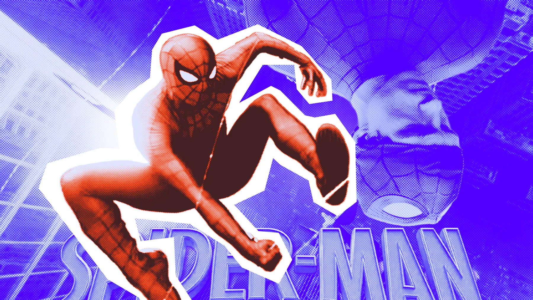 An stylized, graphic comic book illustration showcases Spider-Man mid-leap against a vibrant, purple-hued background with a half-tone pattern. In the center, Spider-Man is depicted in a dynamic, crouching aerial pose, cut out with a thick white border that separates his red-and-blue suit from the background. His suit features the classic webbed pattern and prominent white eye lenses. In the lower half of the image, the large, stylized 3D text "SPIDER-MAN" is rendered in a metallic blue, with the subtitle "BRAND NEW DAY" printed below it in a clean, white, sans-serif font. The background contains faint, layered imagery of cityscapes and a masked figure, all rendered in monochromatic shades of purple and blue with a distinct retro comic printing dot texture. Collage illustration by Awais Shaukat for PakistaniArt.