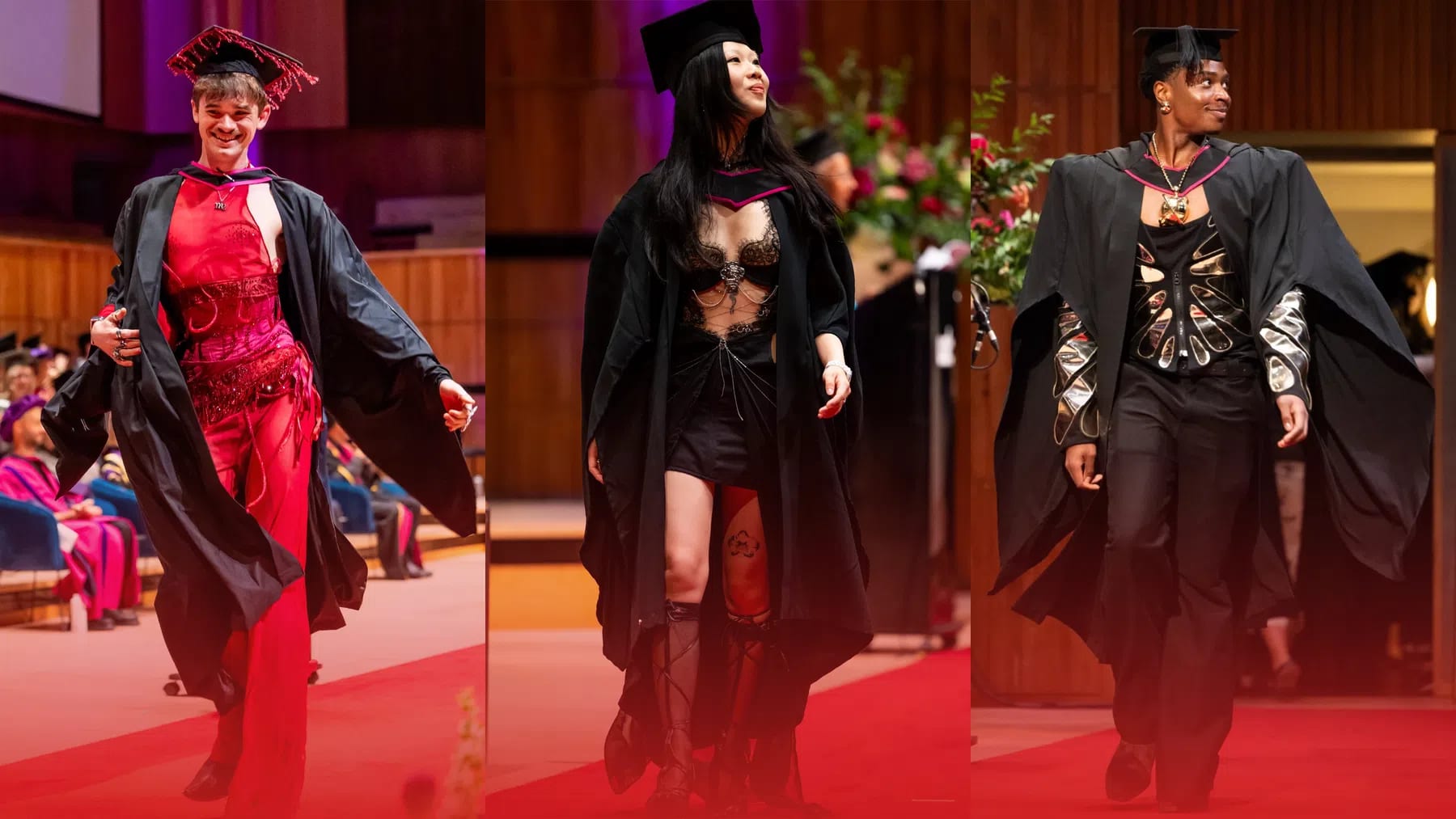 A three-panel composite photograph showcasing three University of the Arts London (UAL) graduates strutting down a bright red carpet inside a graduation hall in bold, high-fashion outfits paired with traditional academic attire.  Left Panel: A graduate with short brown hair and a wide smile poses dynamically on the red carpet while holding open the sides of their draped black graduation gown. Underneath, they wear an intricate bright red ensemble featuring a sleeveless translucent top paired with a heavily structured corset waistpiece adorned with raised crimson swirling patterns and sparkling beadwork, alongside flowing, wide-leg red trousers. Their black mortarboard cap is customized with hanging red fringe and tassels along its edges.  Center Panel: A graduate with long black hair walks confidently along the carpet looking off into the distance. She wears a dark, romantic goth-inspired outfit featuring a sheer black lace bustier top detailed with delicate silver chains draped across her sternum, paired with a fitted black miniskirt and knee-high lace-up black gladiator sandals. Her black graduation robe hangs loosely off her shoulders, featuring maroon trimming around the cowl collar, and a black mortarboard cap rests atop her head.  Right Panel: A graduate strikes a runway pose, looking slightly to the right with a bold expression. Their black graduation gown is modified with exaggerated, broad rectangular shoulder pads. Beneath the open gown, they wear an ornate, metallic silver and gold chest piece resembling an organic carved corset or thorax with leaf-like cutouts, matched with metallic silver arm guards and dark tailored trousers. They wear a dark mortarboard cap angled atop short styled hair.