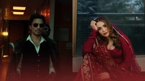 A split-screen promotional graphic showcases two prominent Pakistani actors in contrasting, dramatic aesthetics. On the left side, a man stands in a dimly lit hallway wearing dark sunglasses, an unbuttoned light green collared shirt under a dark vest, and a heavy dark coat slung over his shoulders while holding a silver-handled walking cane, evoking a sharp, mysterious mafia persona. On the right side, a woman sits gracefully looking toward the camera, styled in a deep crimson embroidered traditional ensemble with her head partially covered by a matching sheer dupatta, balancing a traditional yet intensely emotive screen presence. The pairing hints at a high-budget cinematic collaboration that brings a gritty and stylish narrative depth to the screen.